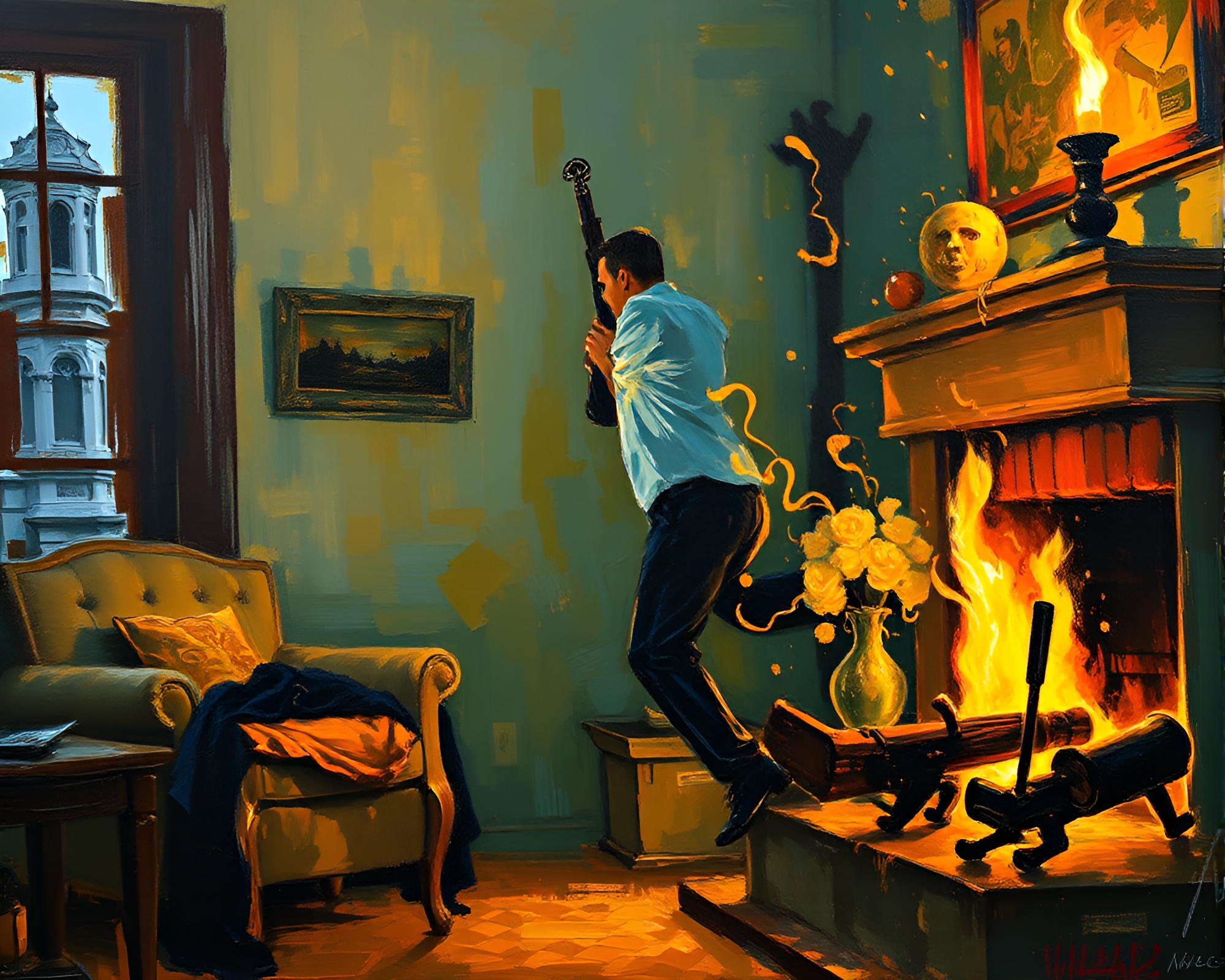 Trumpet Symphony by the Fireplace: Expressionist Painting Concept – free AI stock image