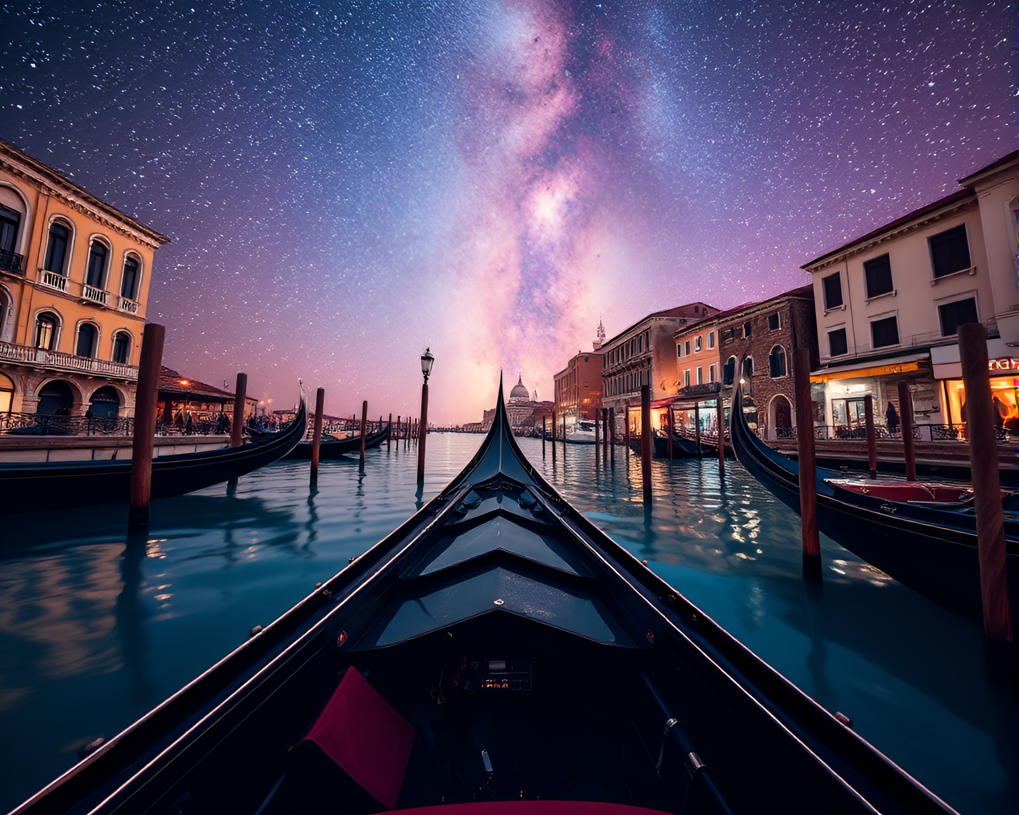 Vaporwave Gondola Glides Under Milky Way Night Sky – free AI stock image