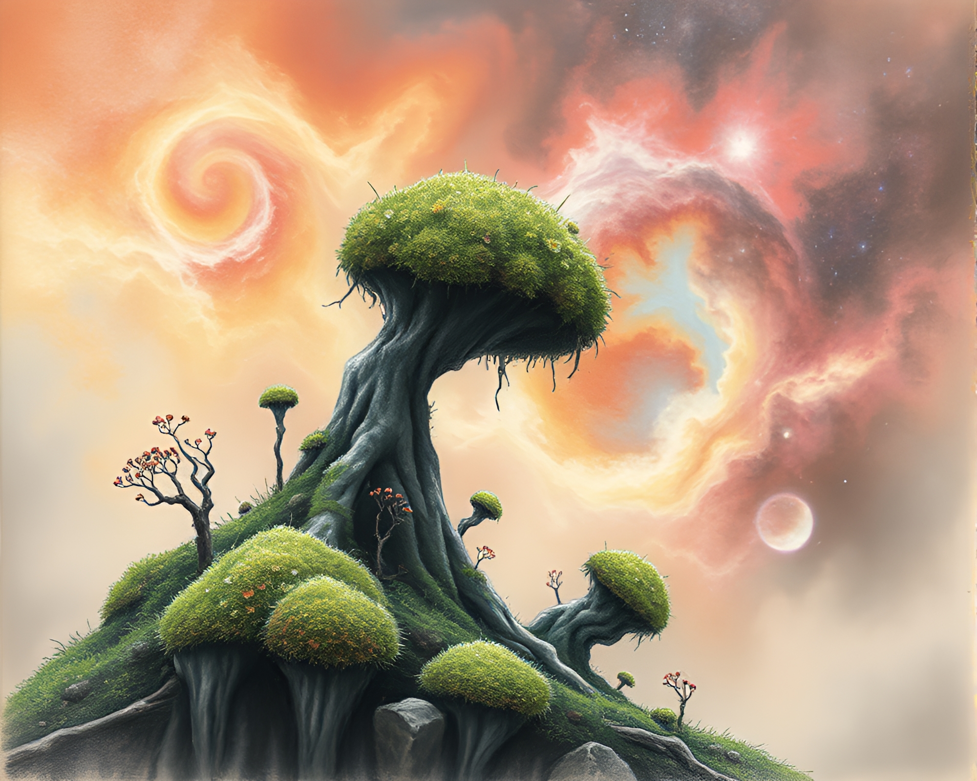 Haunting Moss-Covered Monolith in Cosmic Nebula – free AI stock image