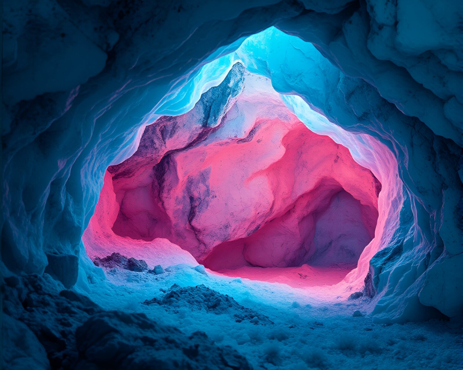 A stunning hyper-realistic illustration of a glacial cave with intricate hatching details.