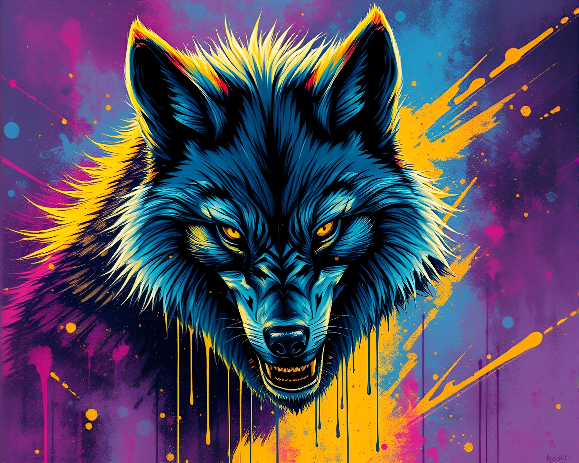 Futuristic Werewolf in Topaz Glow Amid Spray Paint Drips – free AI stock image