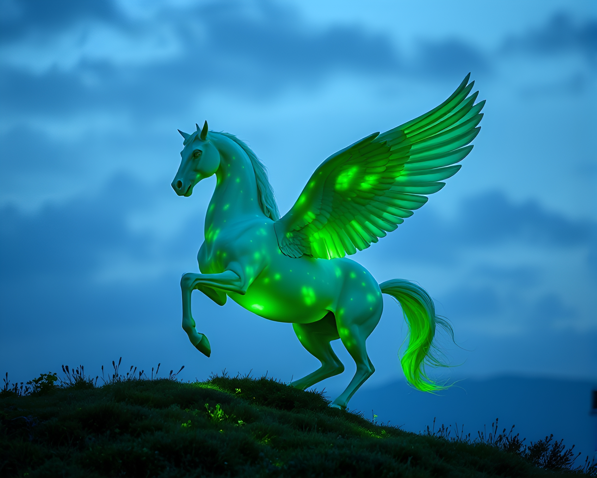 Emerald Pegasus Bathed in Blue Hour Light Among Mildew Spots – free AI stock image