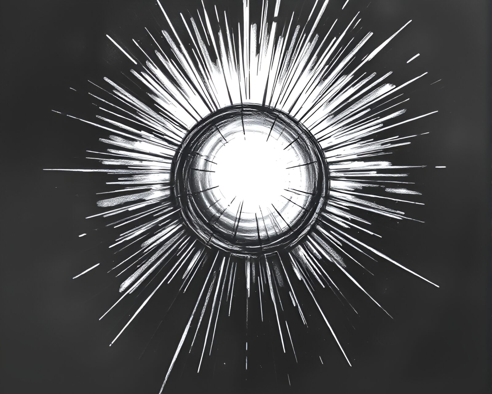 Intricate charcoal sketch on chalkboard with sunburst lighting effect