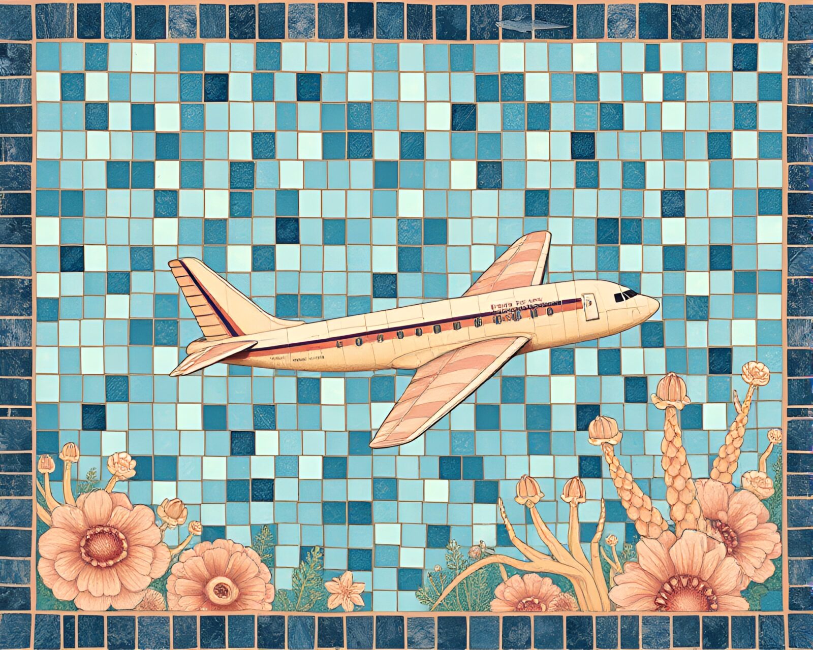 A stunning sea plane amidst pastel botanical mosaic tiles