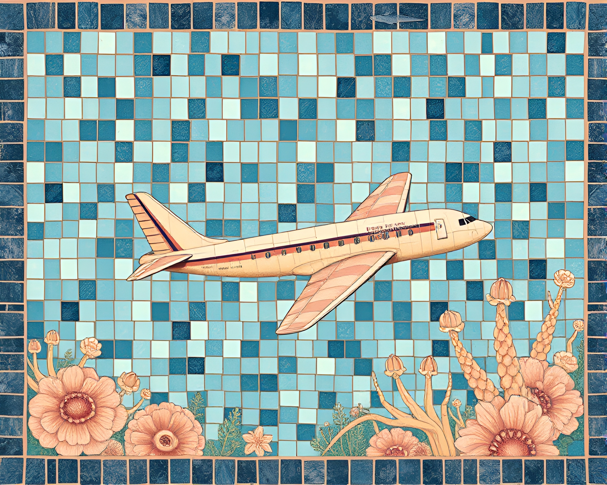 Sea Plane Paradise: Pastel Botanical Mosaic Masterpiece – free AI stock image