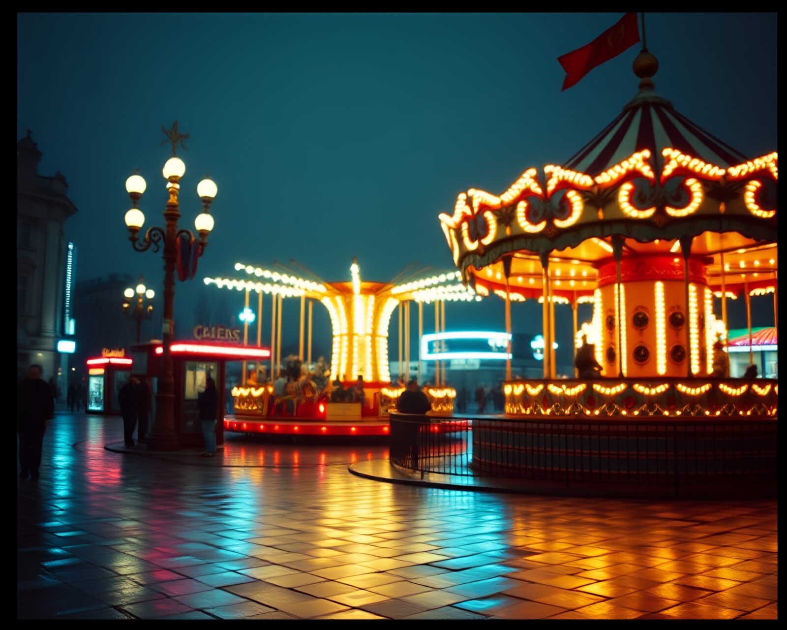 Vibrant carousel under pixelated carnival lights on rain-soaked ground