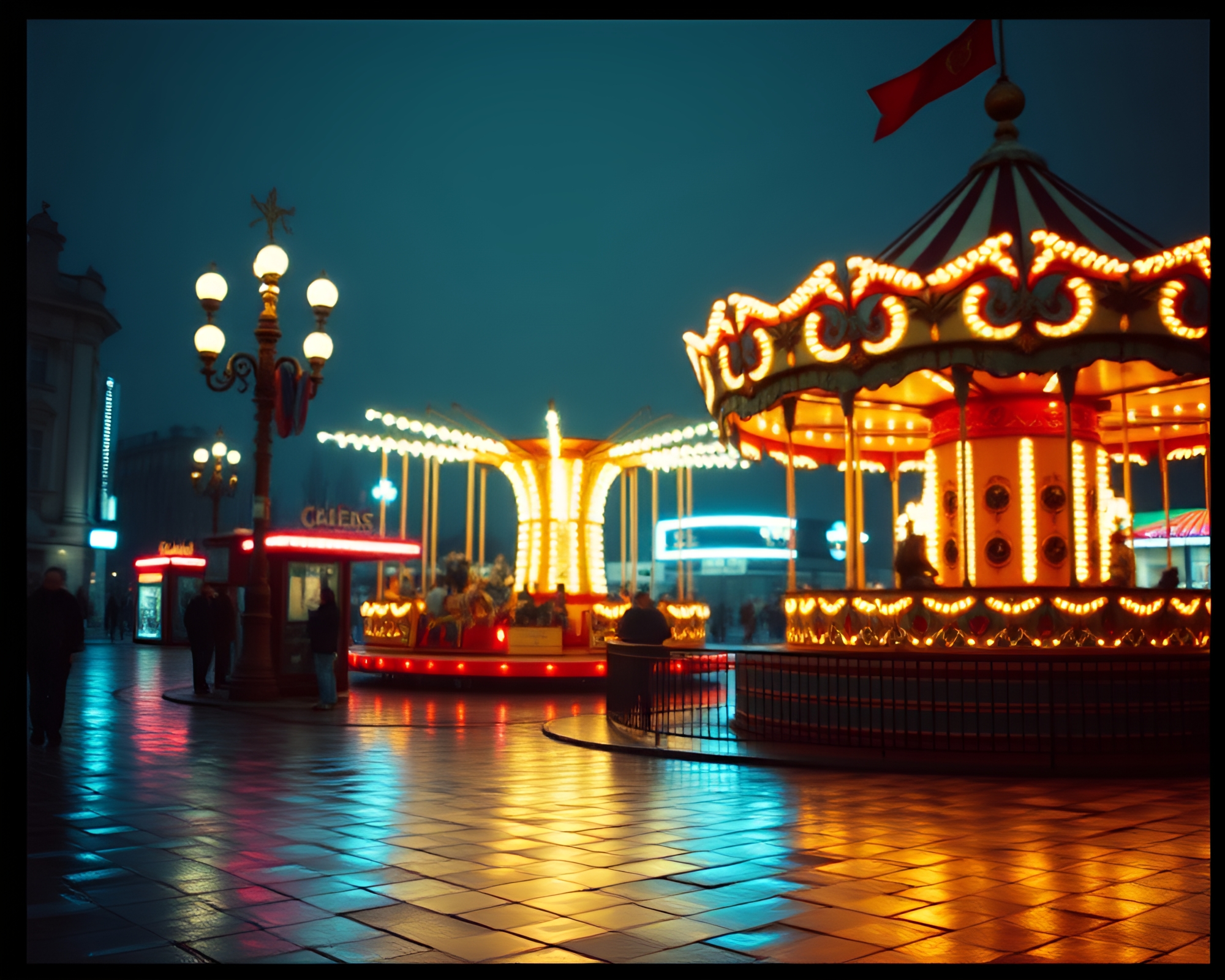 Carnival Carousel on Wet Pixelated Pavement – free AI stock image
