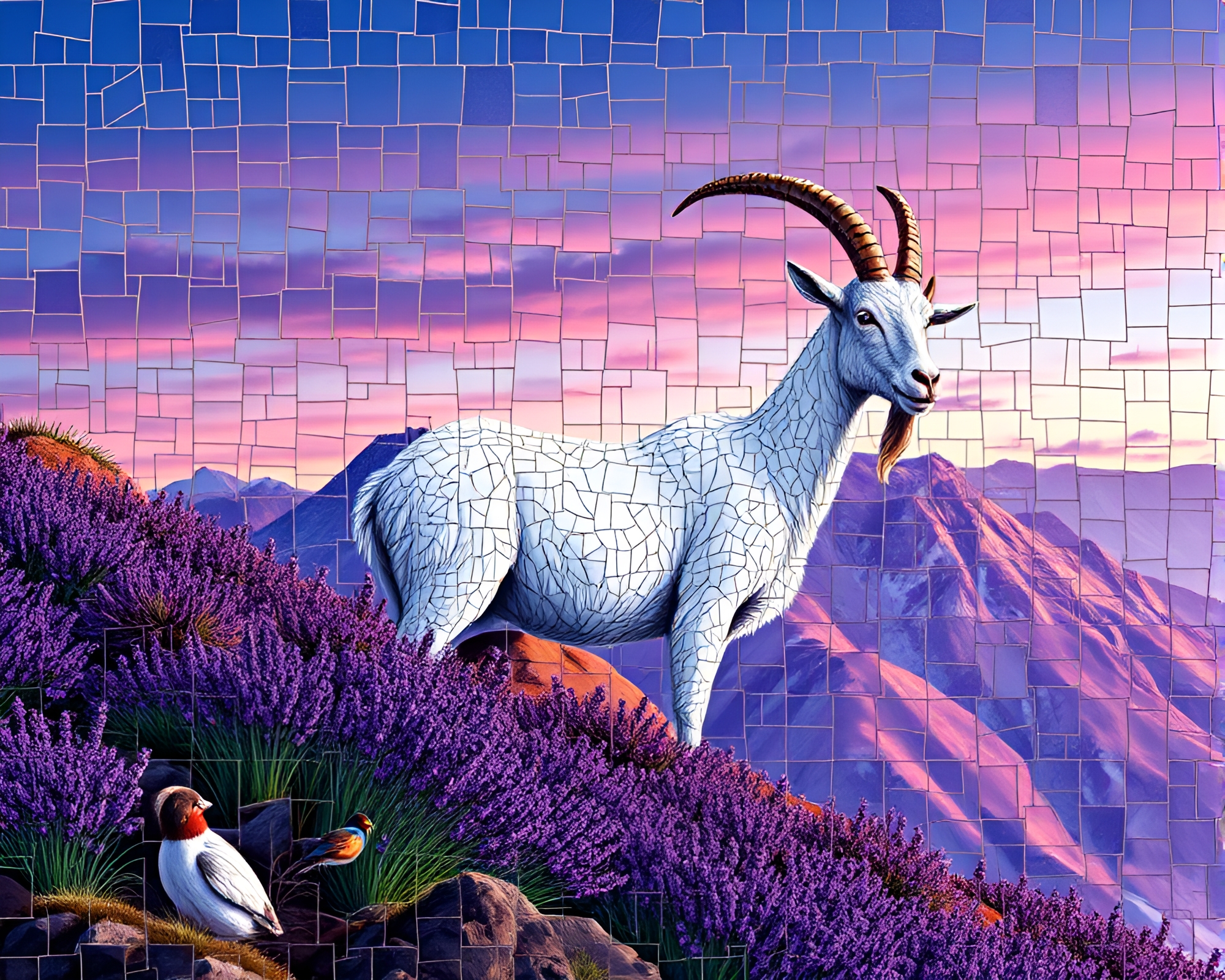 Mountain Goat Mosaic in Lavender Twilight Fractal Art – free AI stock image