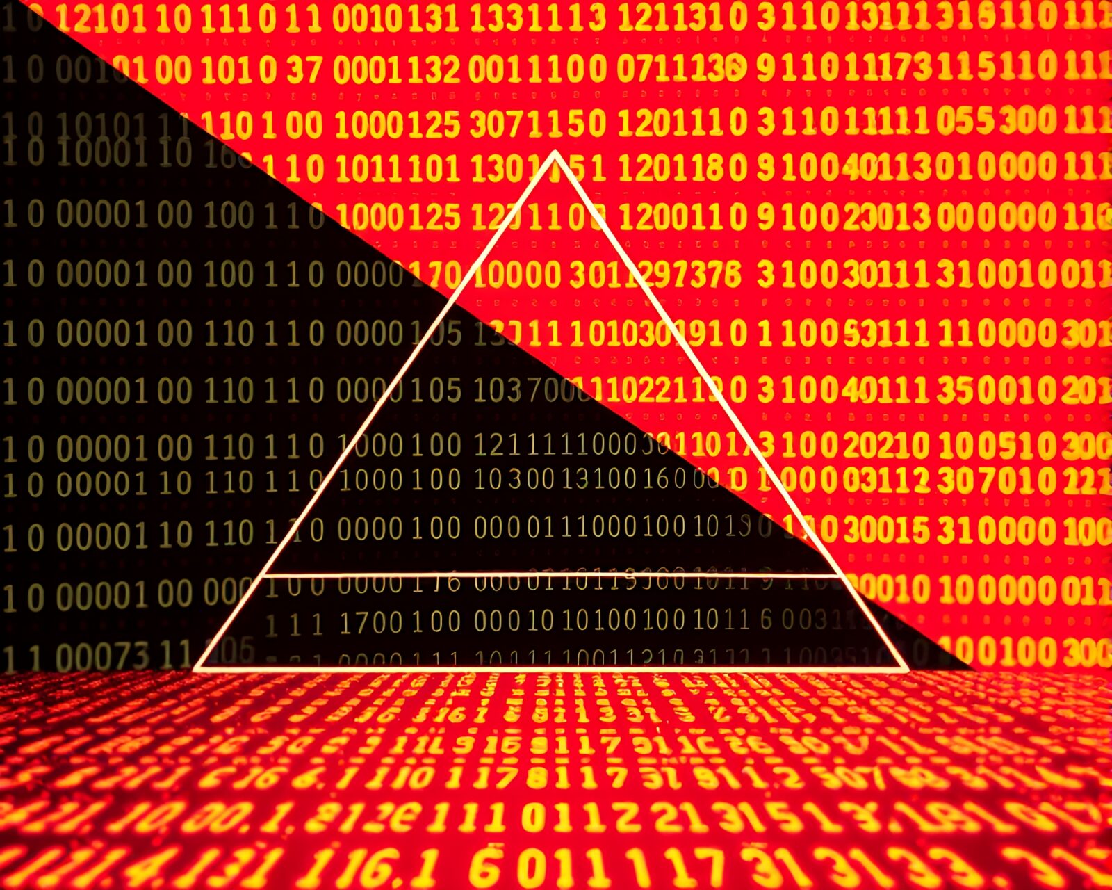 Vibrant screen-printed binary code with prism refraction effect.