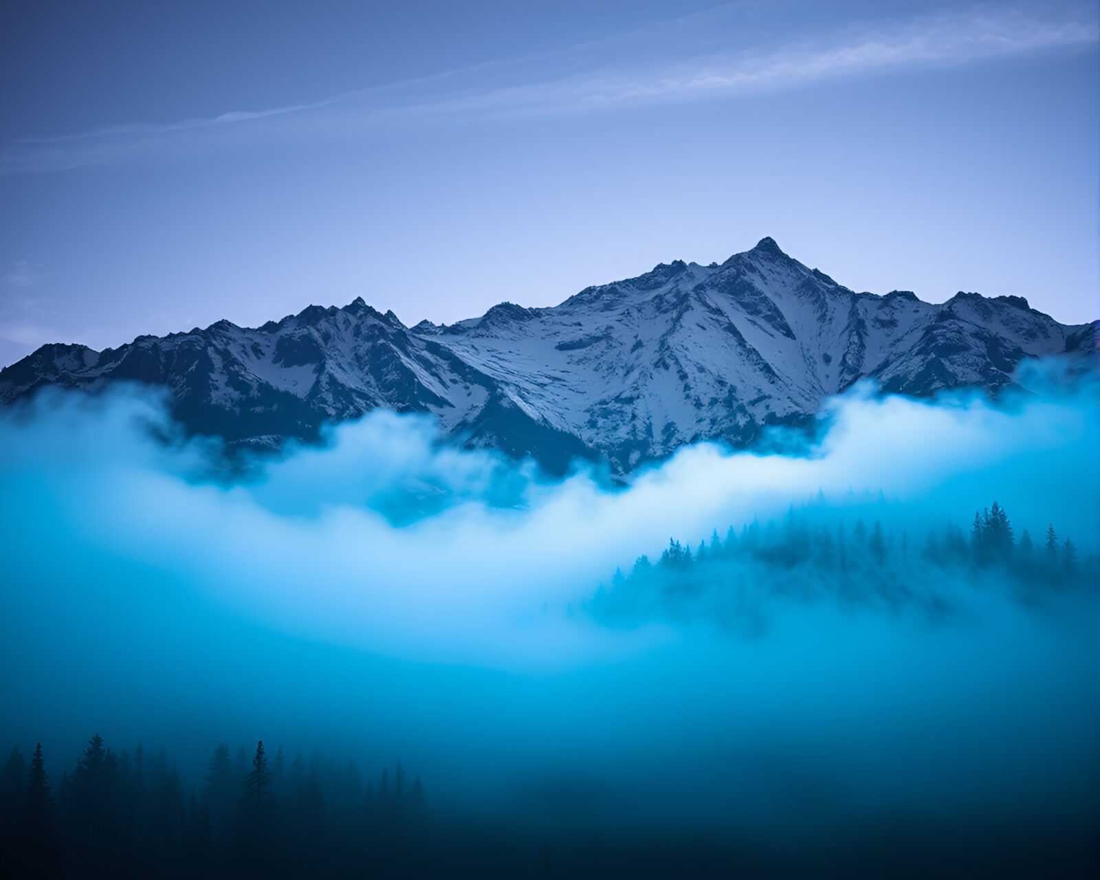 Surreal infrared photo of misty mountain glowing in ultraviolet