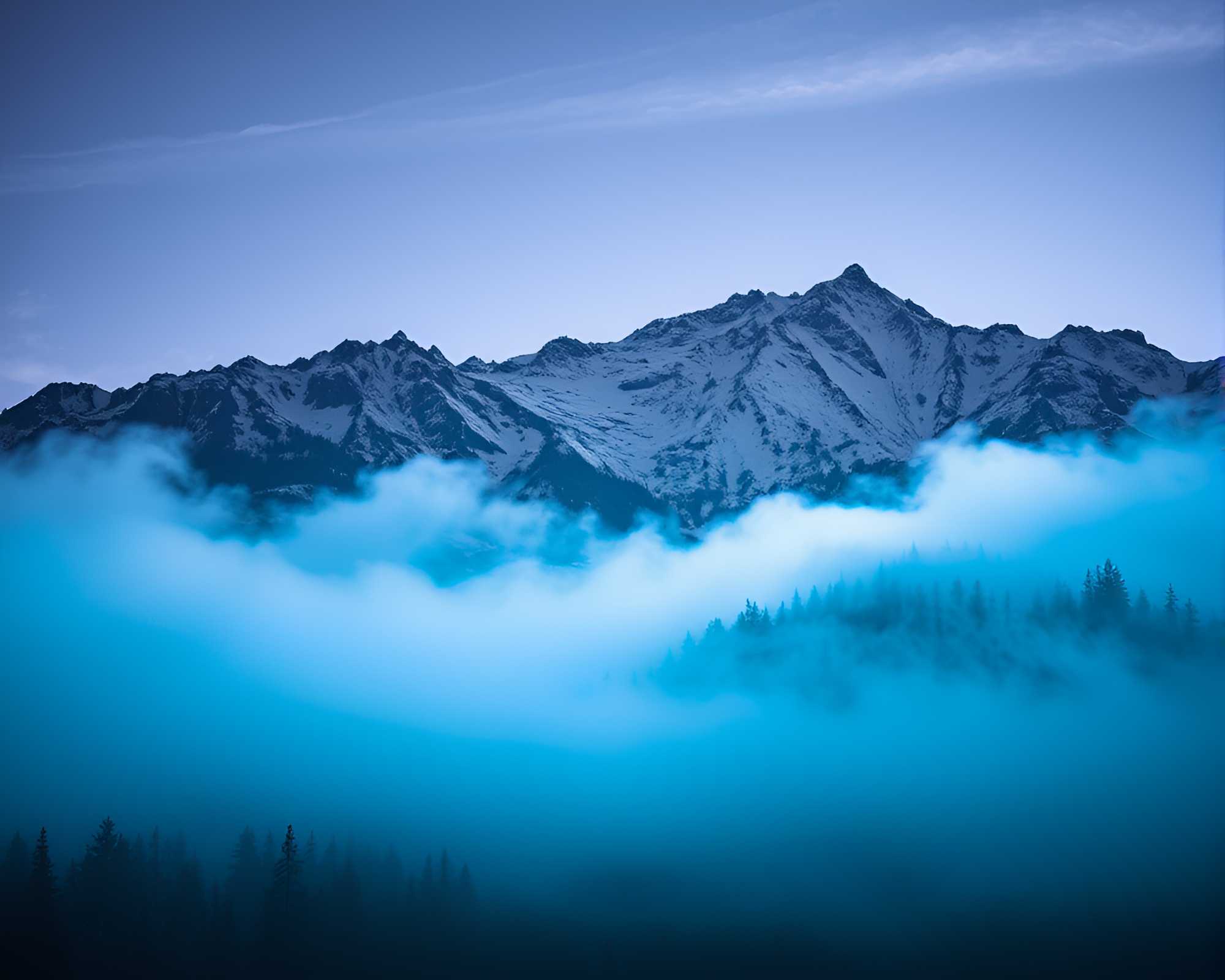 Mist-Shrouded Mountain Peak Illuminated in Ultraviolet – free AI stock image