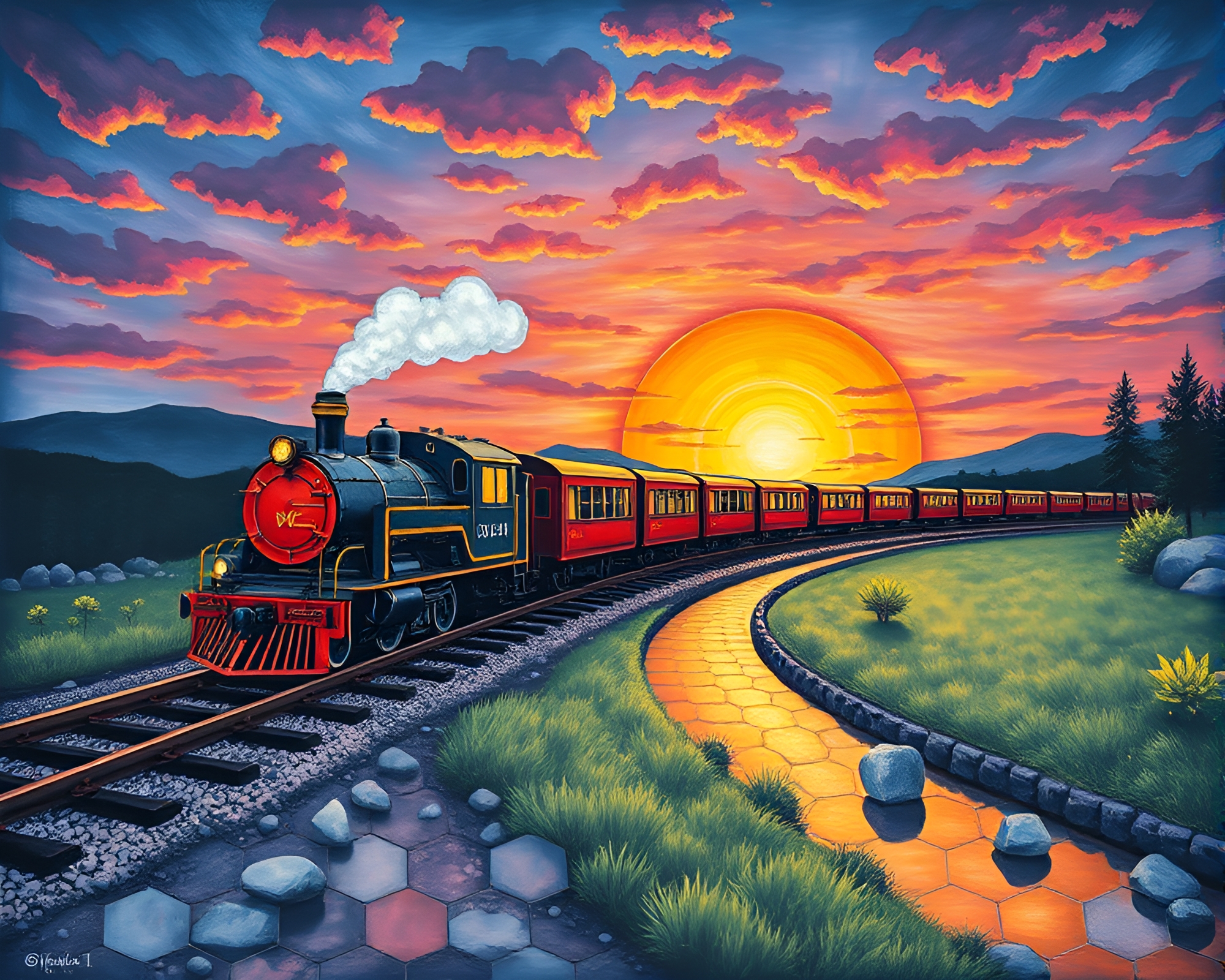Sunset Magnetic Levitation Train on Hexagonal Chalk Tiling – free AI stock image