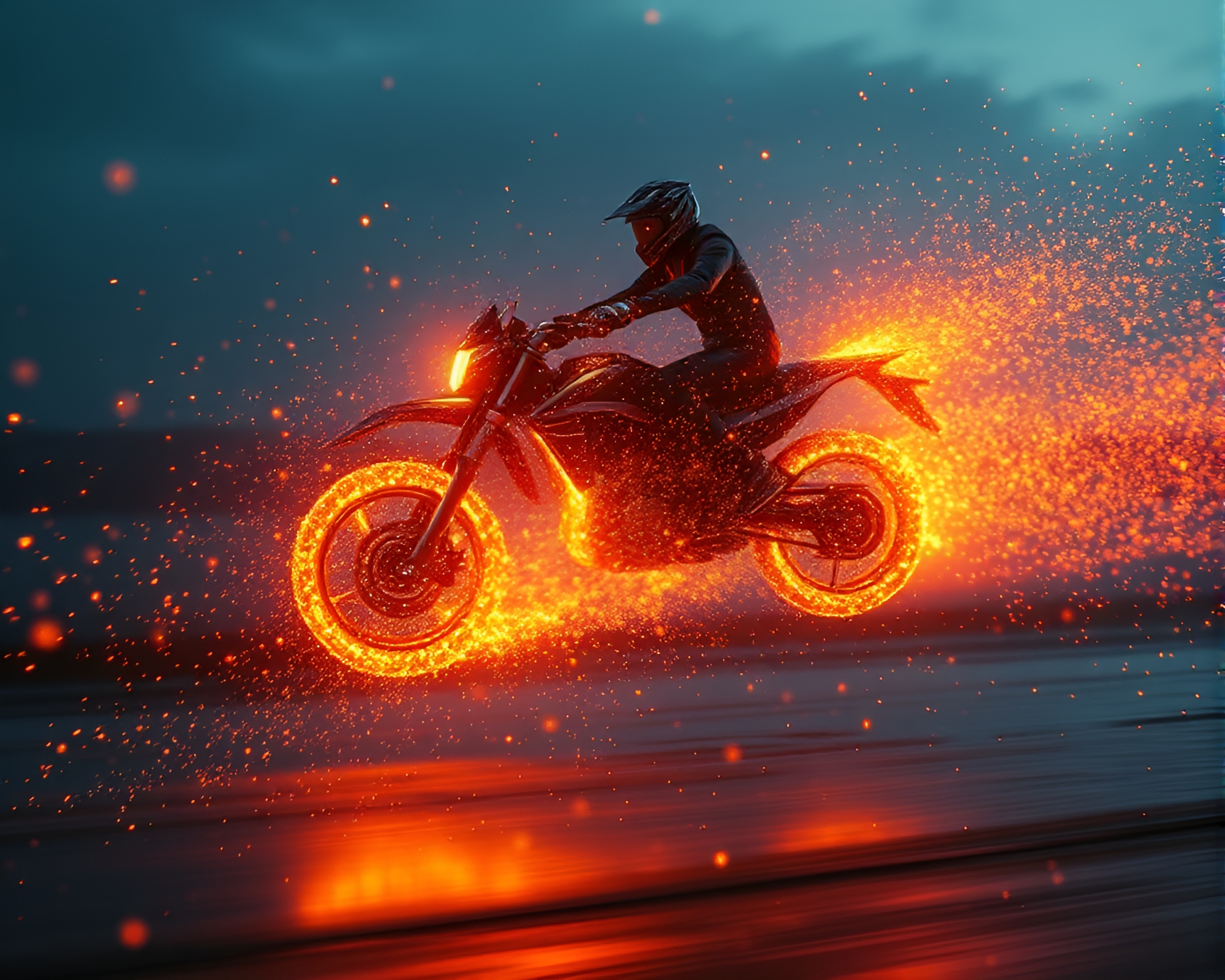 Hoverbike Riding Through Glittery Floating Embers – free AI stock image