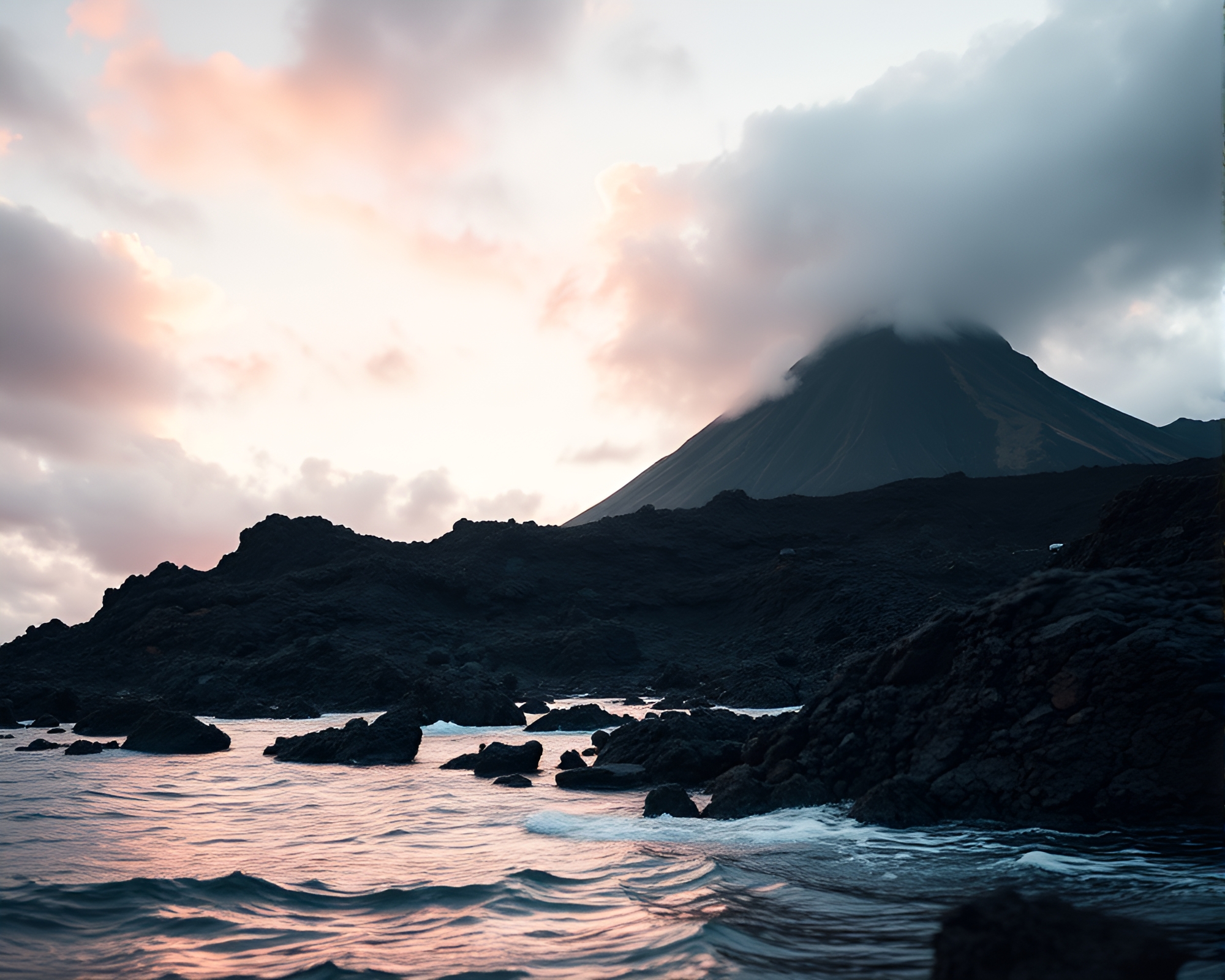 Ethereal Volcanic Island: Tenebrism Low-Angle Shot – free AI stock image