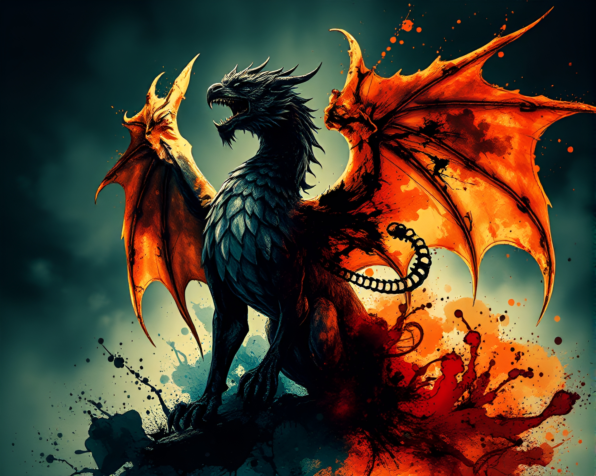 Gryphon amidst ethereal ink splashes – free AI stock image