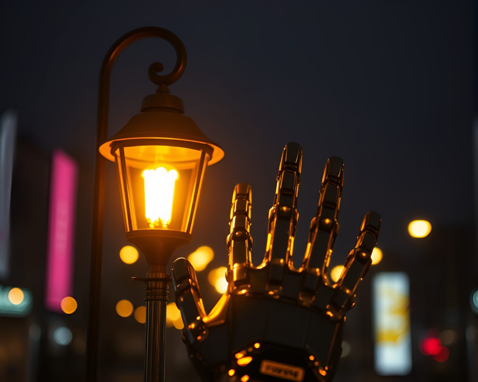 Futuristic cybernetic hand glowing under urban streetlight