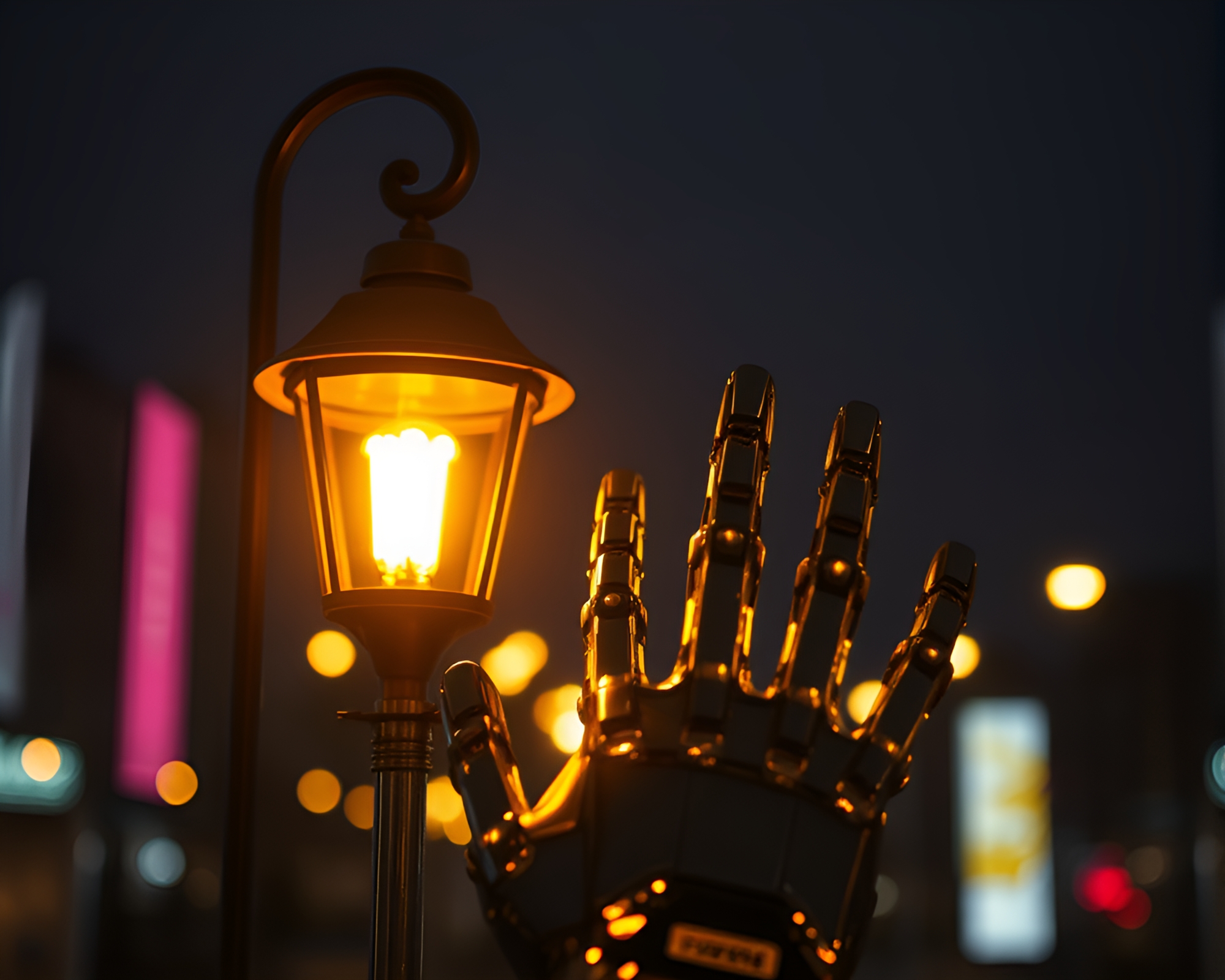 Cybernetic Hand Grasping in Streetlamp Glow – free AI stock image