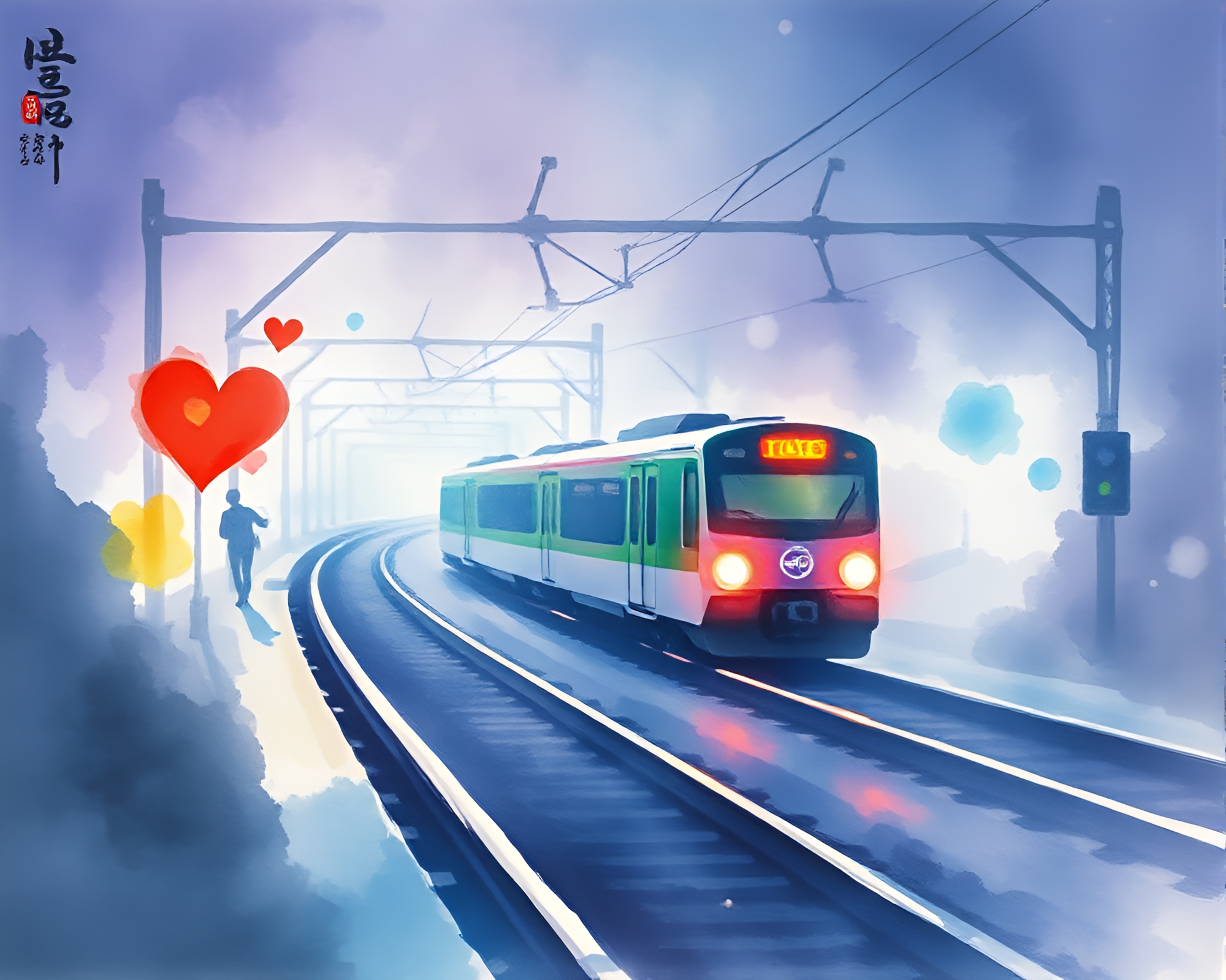 Synthwave Train Light Trails Watercolor Sumi-e Aesthetic – free AI stock image