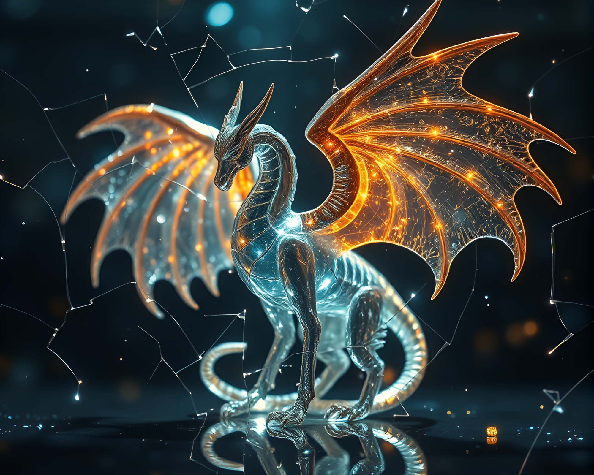 Gryphon Reflection in Broken Glass with Fairy Light Sparkles – free AI stock image