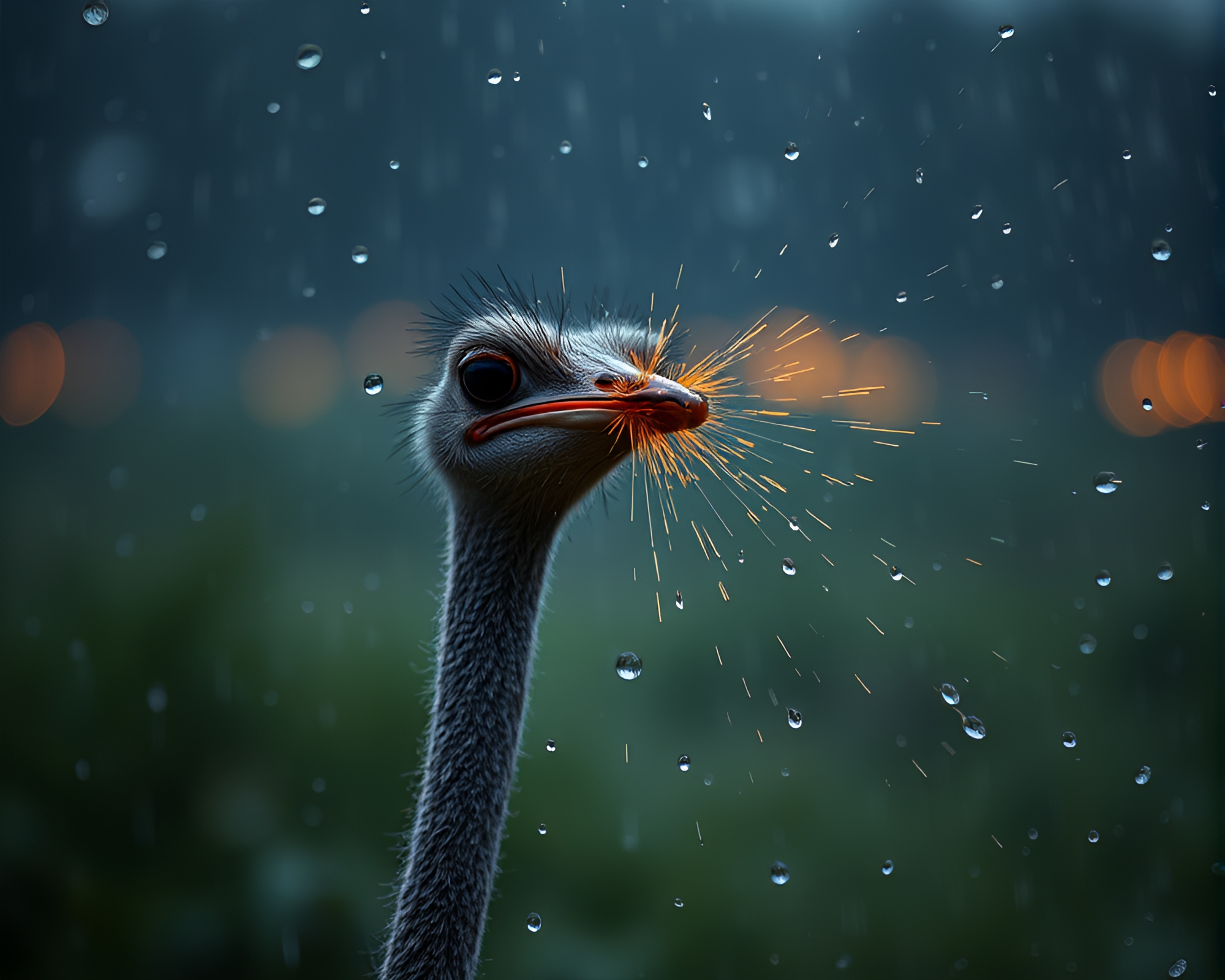 Utopian Ostrich in Firefly Rain Droplets – free AI stock image