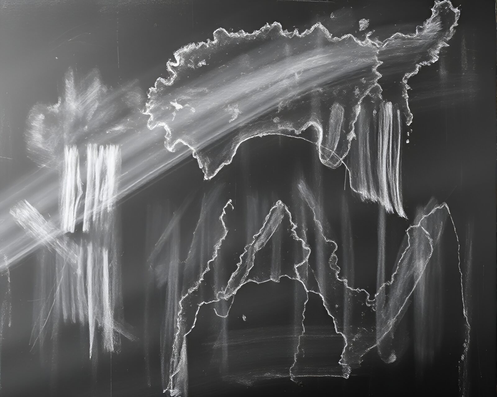 Black and white chalk art of volcanic island with streaks