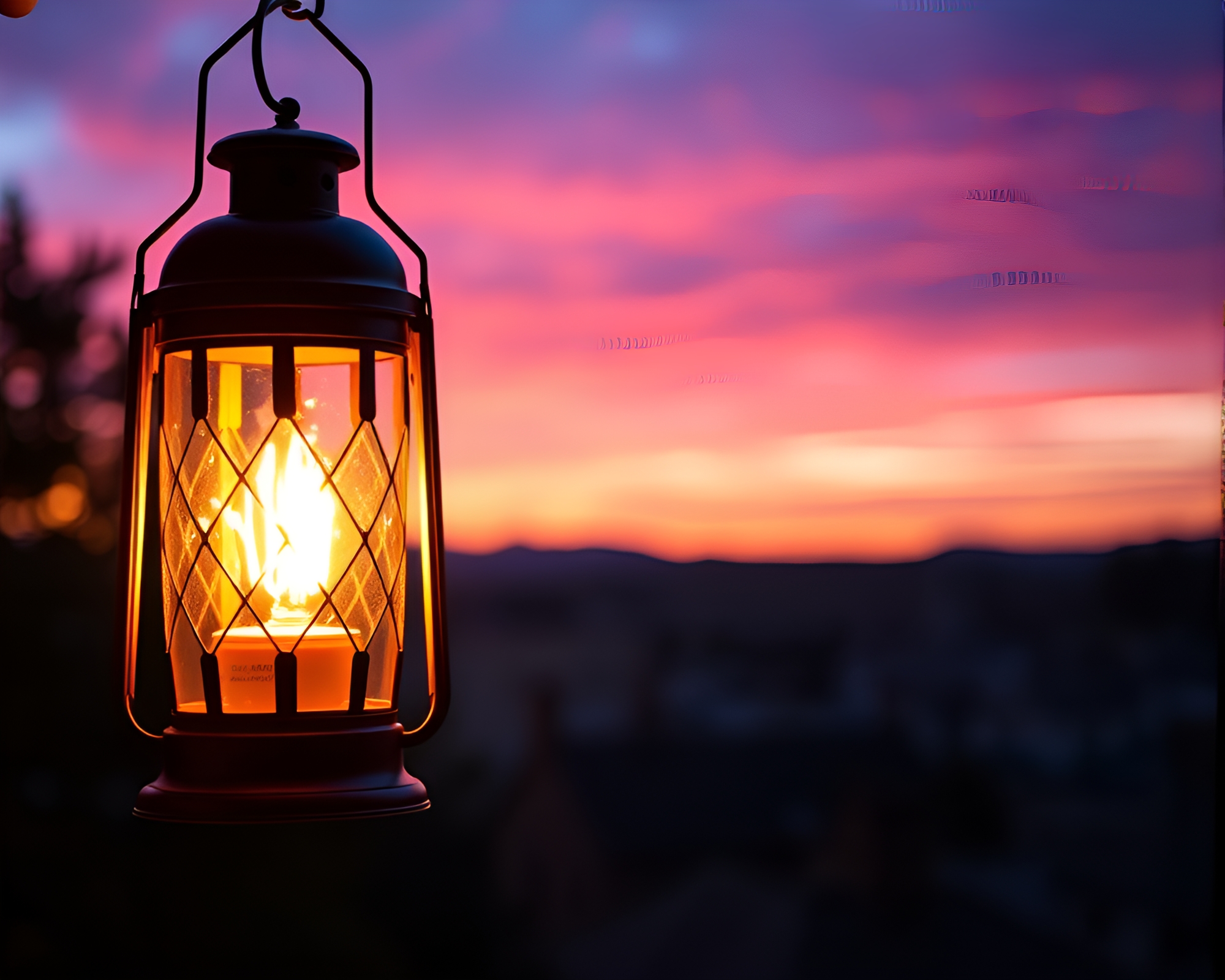 Savanna Sunset Checkered Neon Lantern Glow – free AI stock image