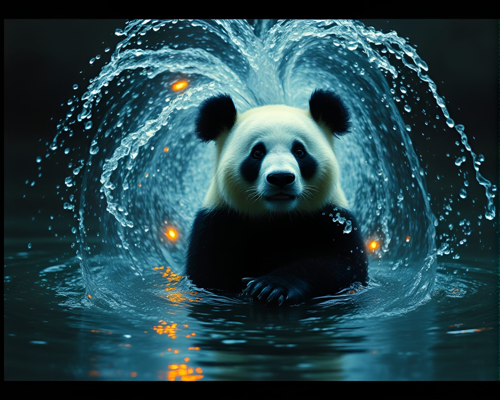 A whimsical scene of a panda surrounded by light whirlpool