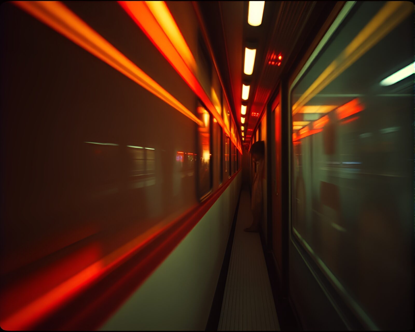 Retro film grain photo of train lights illuminating silk kimono