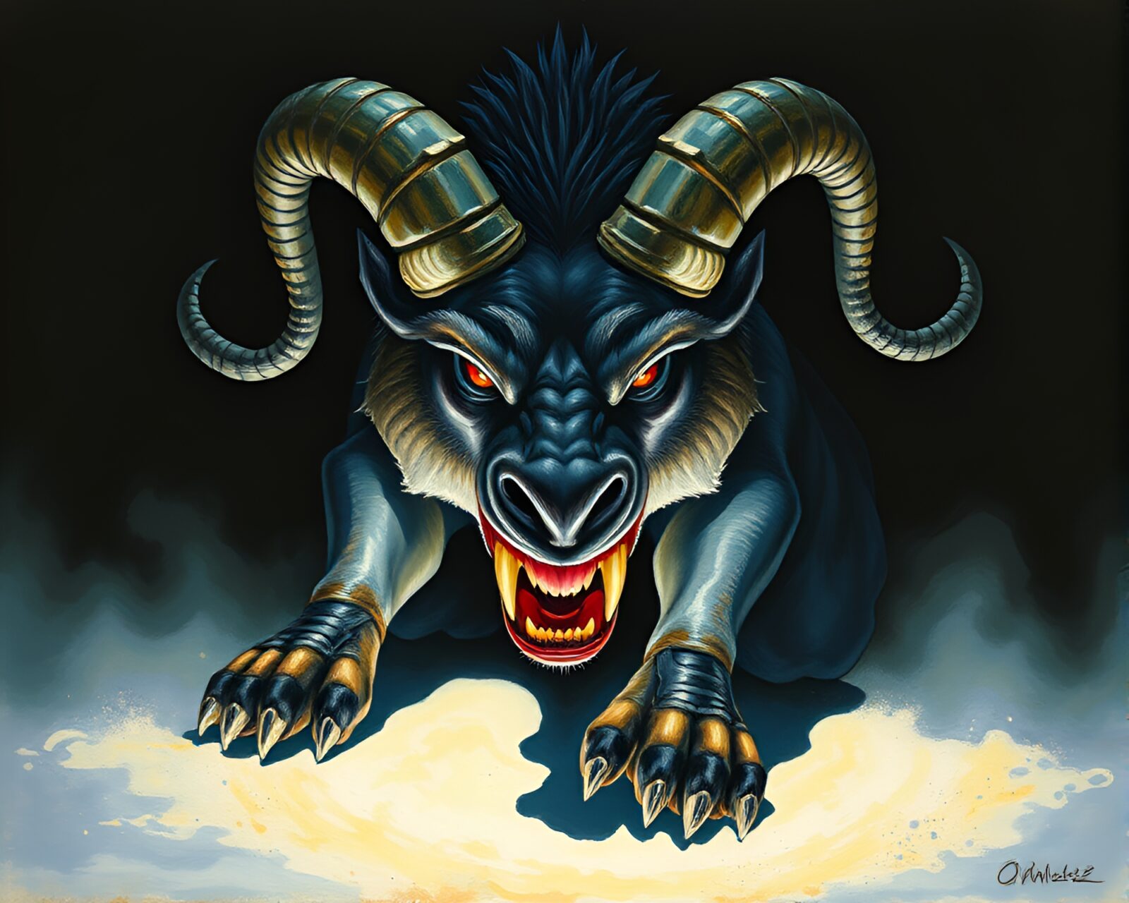 Gouache painting of Cerberus under dramatic lighting