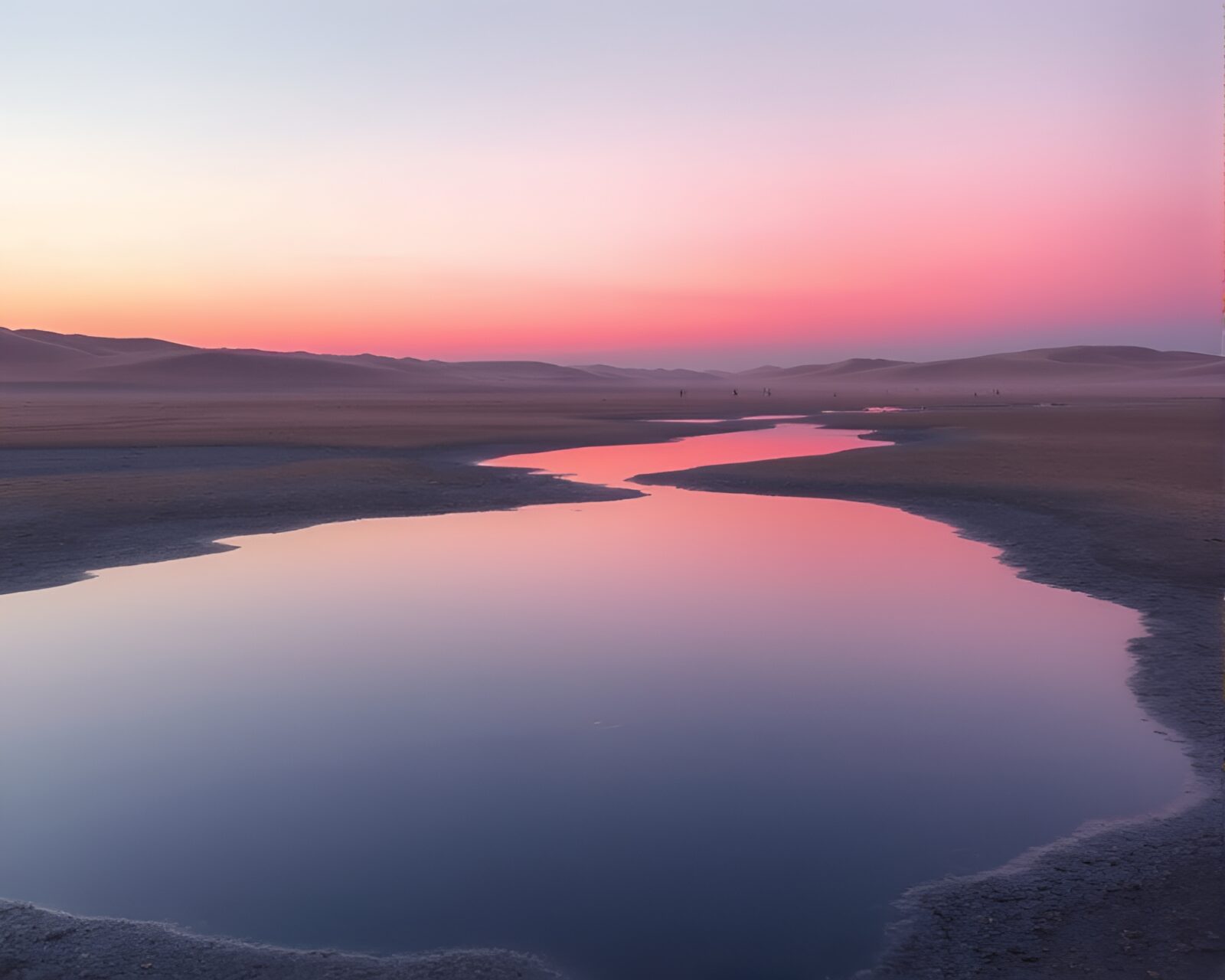 Pastel gradient engraving of desert scene reflected in puddle