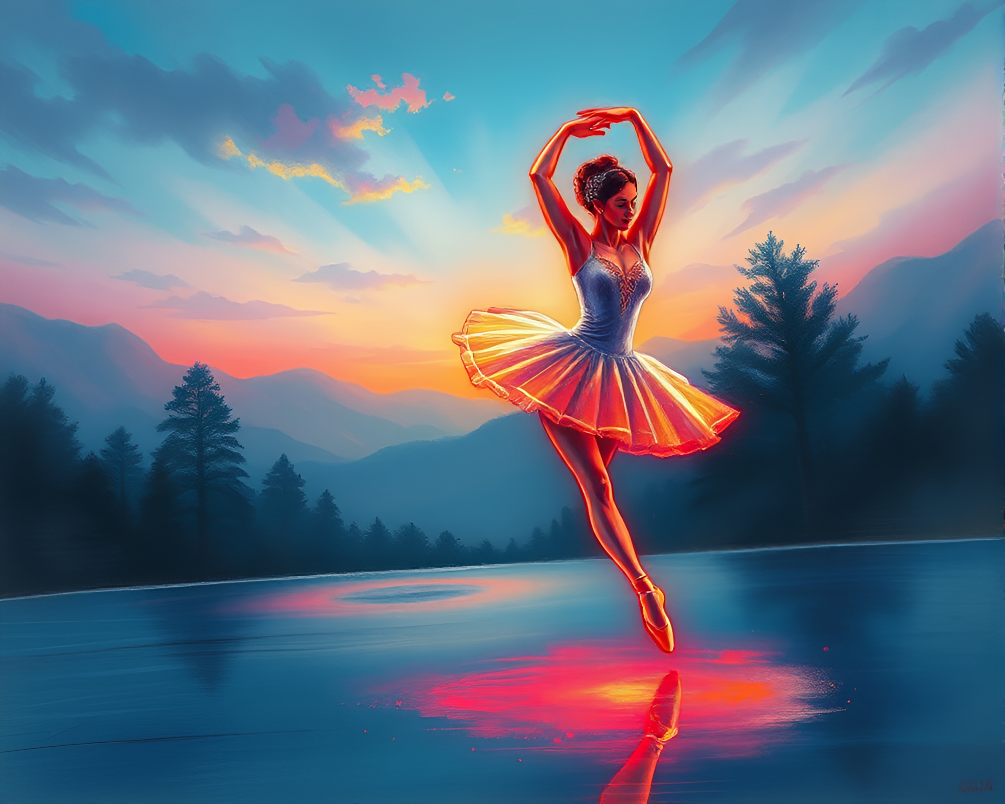Ballet Dancer in Neon Pastel Landscape Etching – free AI stock image