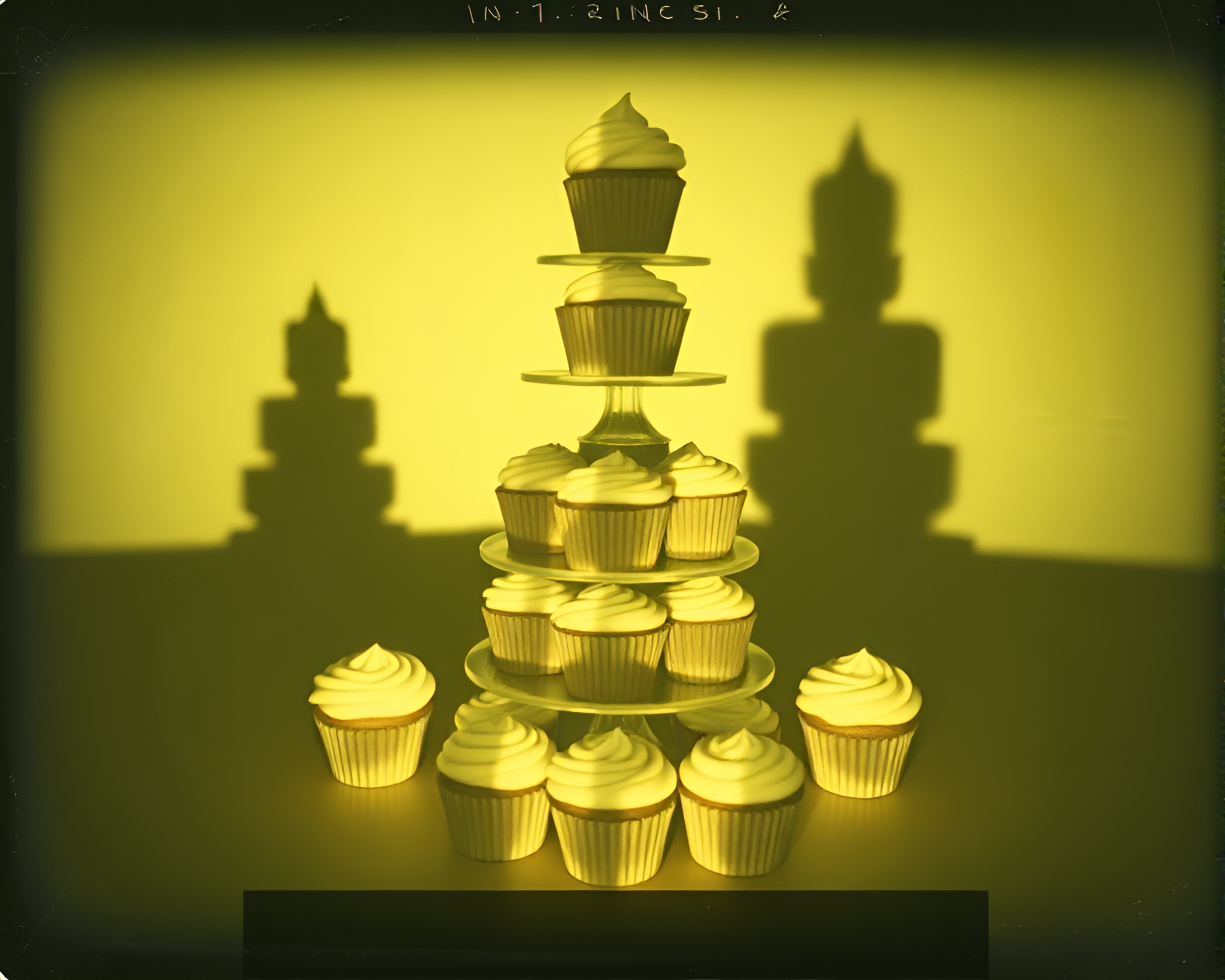 Vintage Cupcake Tower in Film Noir Stencil Shadows – free AI stock image