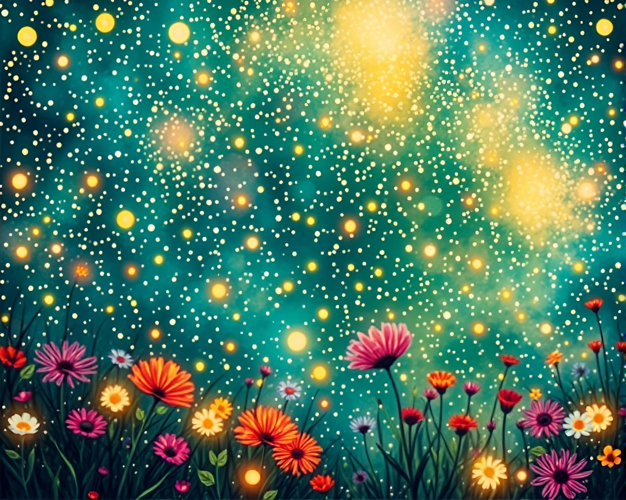 Mosaic Sky Garden Glowing with Screenprint Dots – free AI stock image
