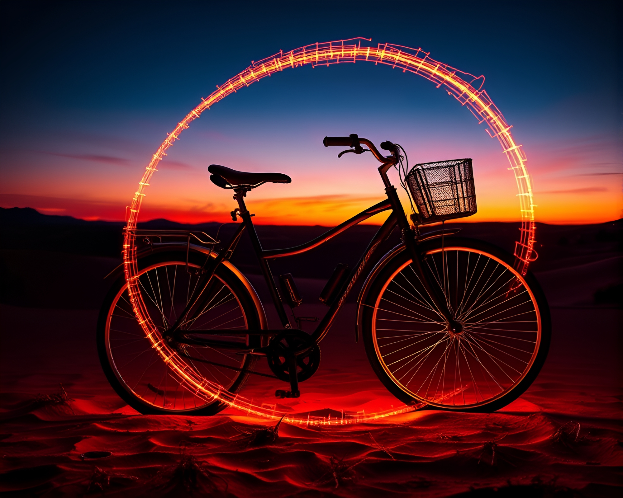 Bicycle Spiral at Desert Sunset LED Art – free AI stock image