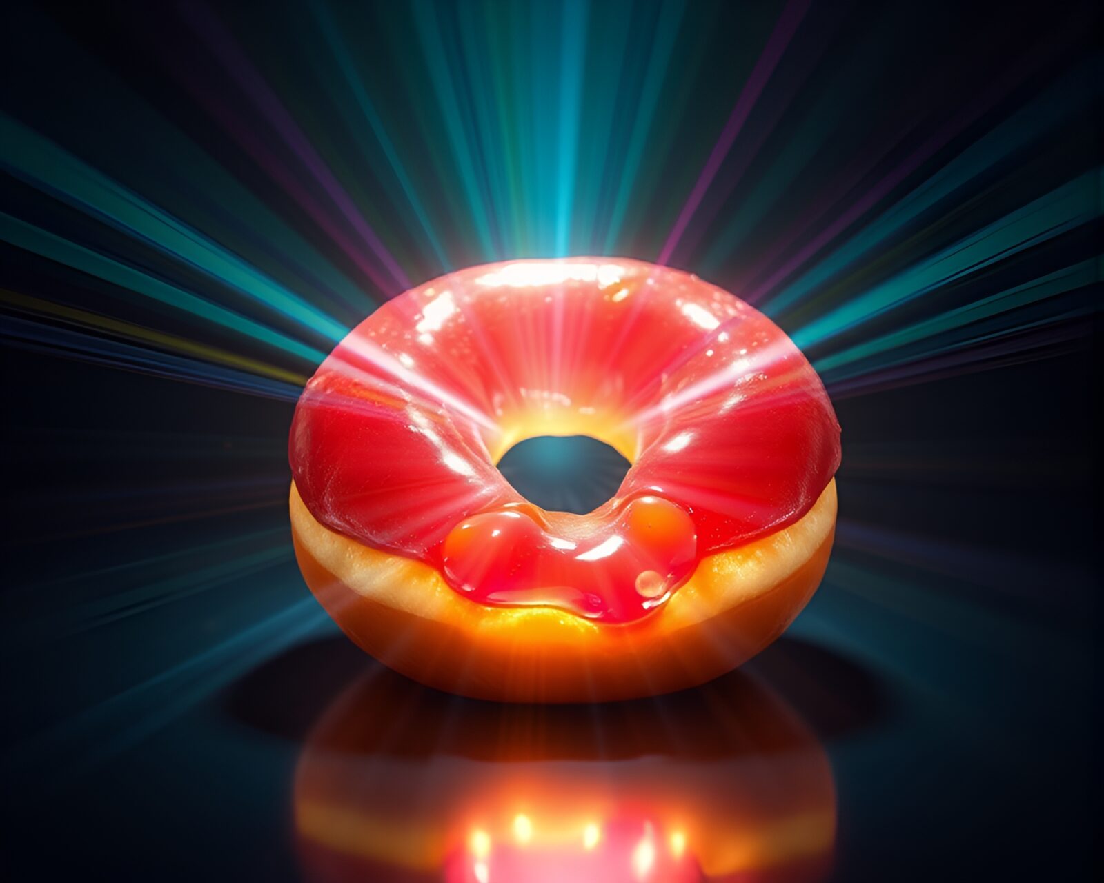 Vibrant doughnut illuminated by laser beams and firefly glow