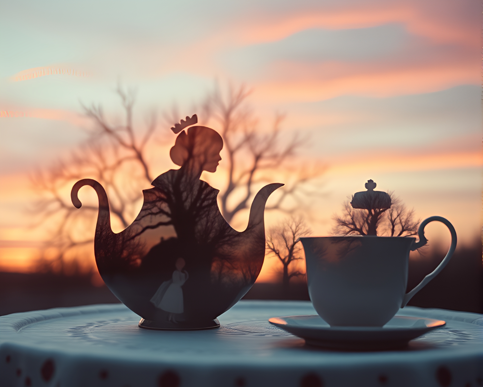Whimsical Alice in Wonderland Tea Party Double Exposure – free AI stock image