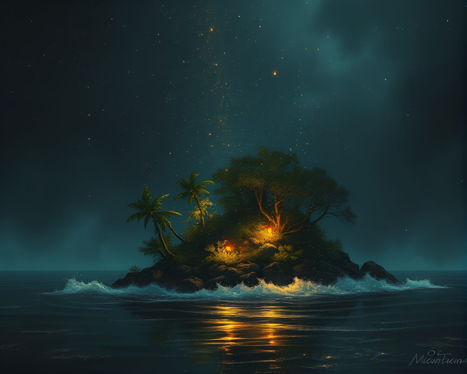 Dreamy island scene with hatching technique and sparkling light