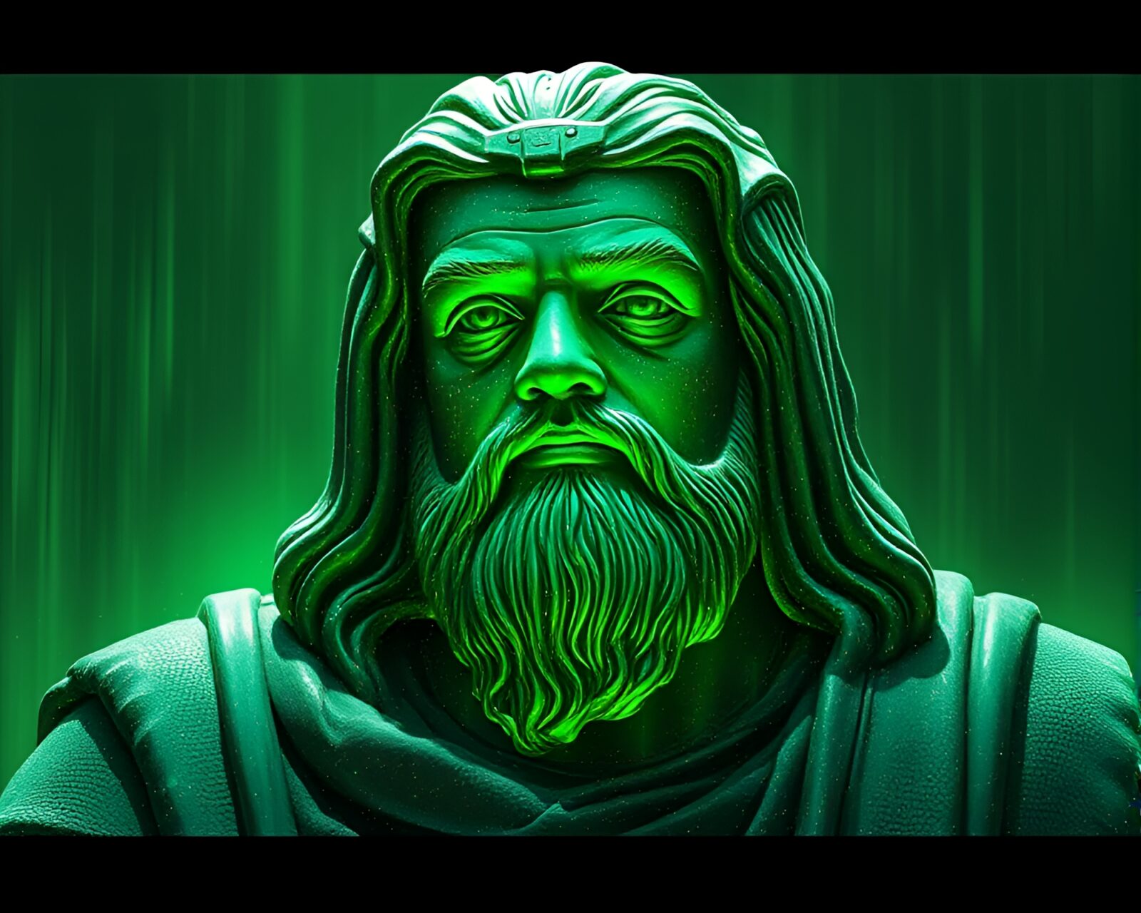 Technical illustration of a green-themed statue in digital noise