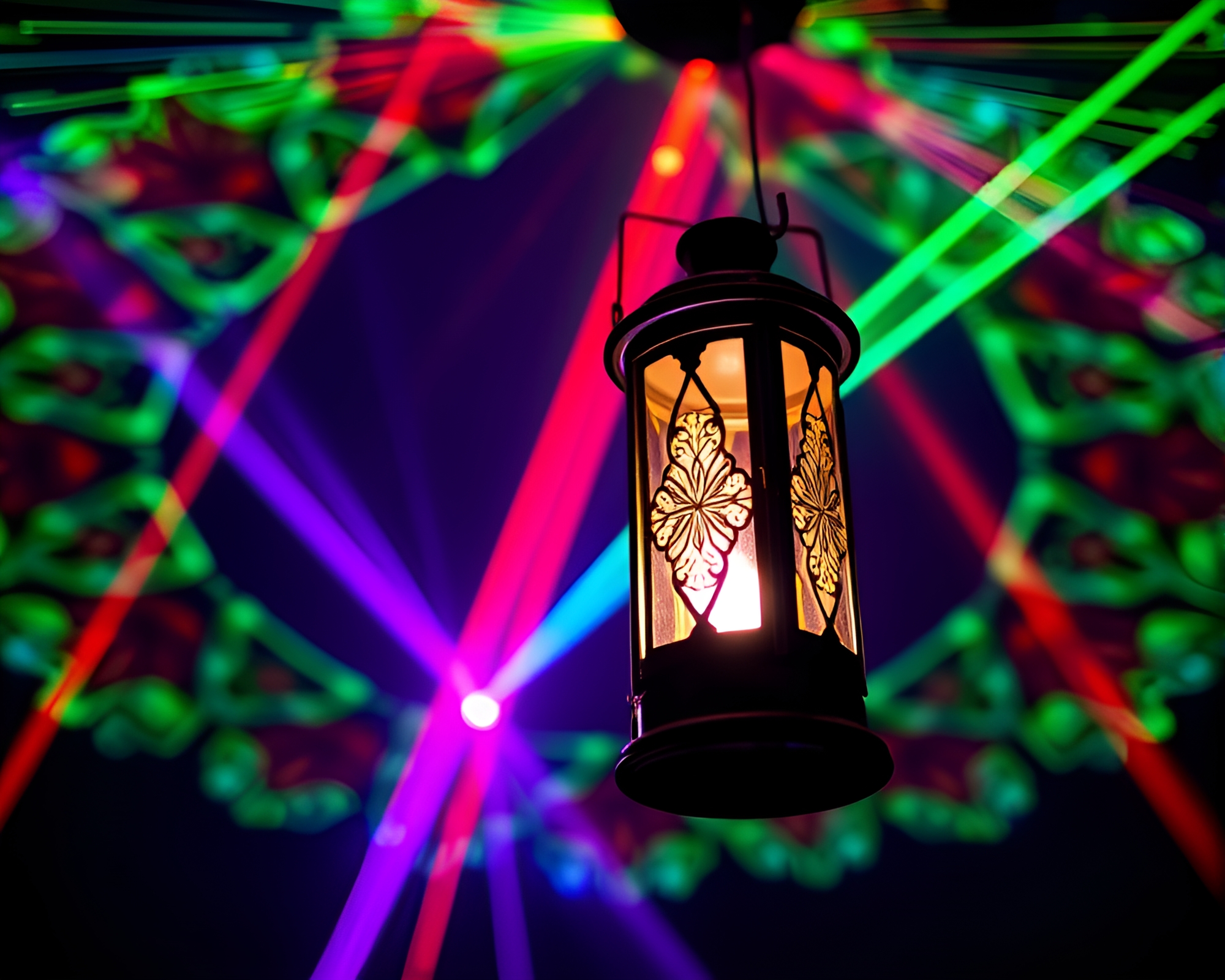 Neon Lantern with Kaleidoscope Laser Beams – free AI stock image