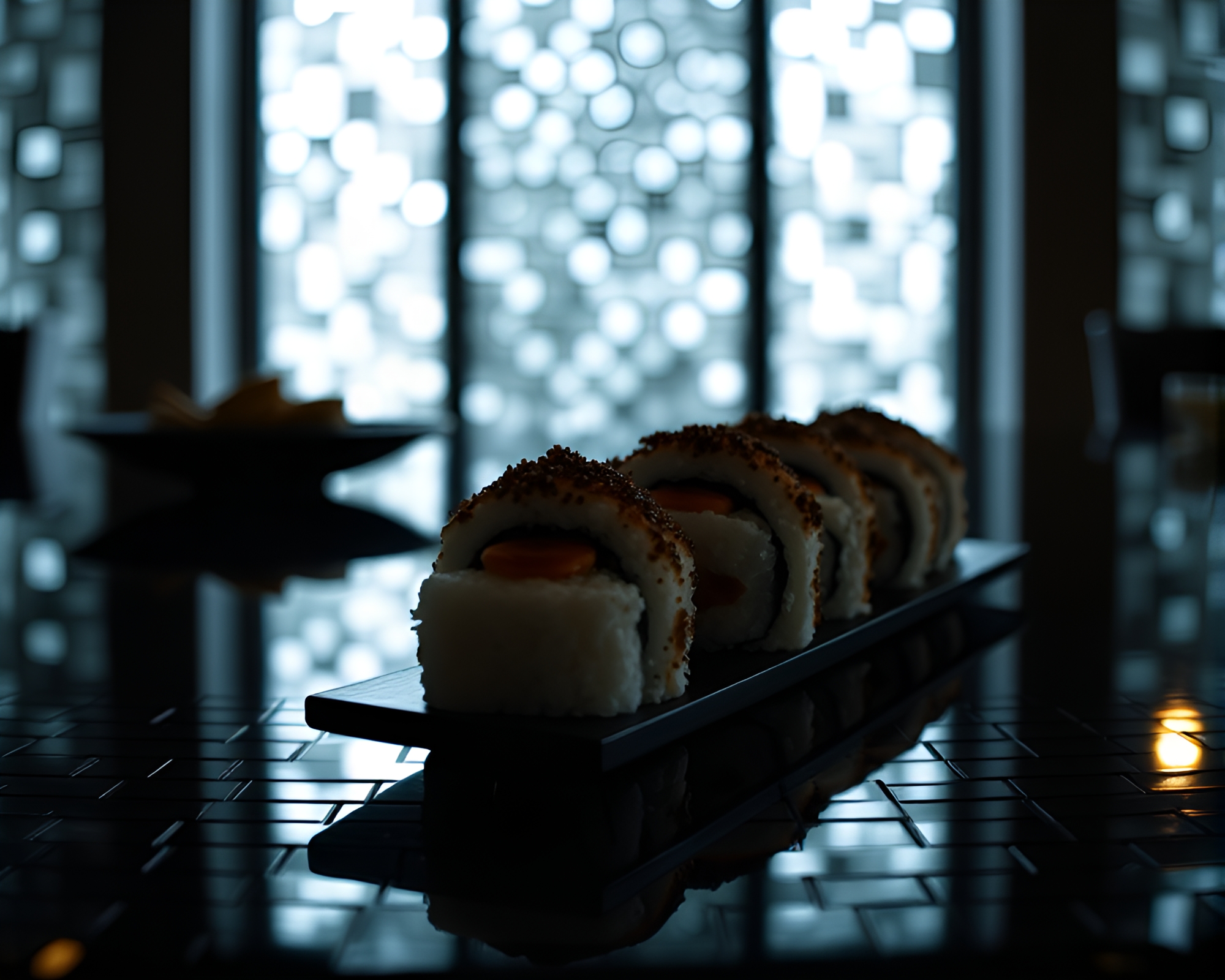 Mosaic Sushi Platter Reflected in Silhouette Water – free AI stock image