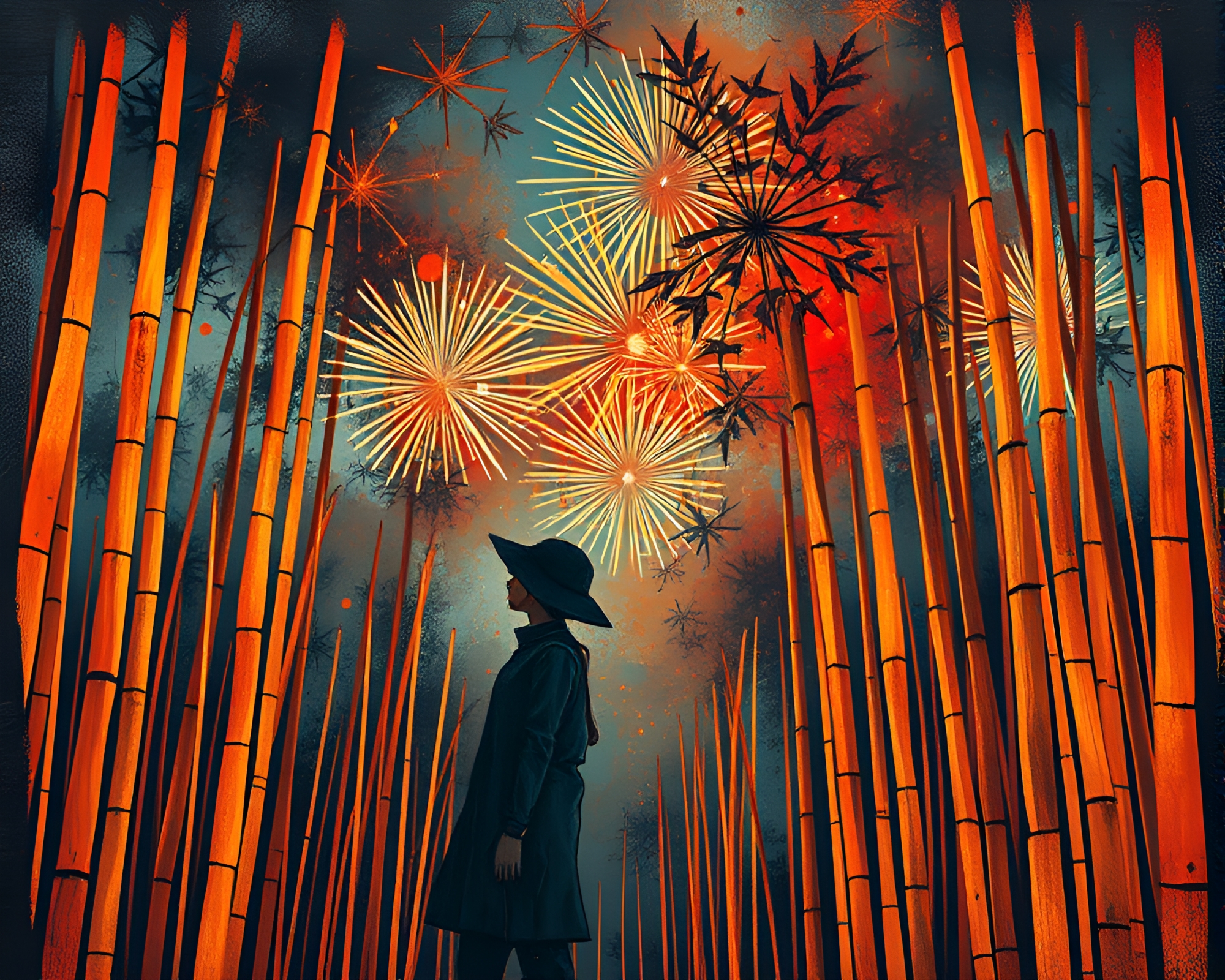 Cubist Bamboo Grove with Copper Fireworks Display – free AI stock image