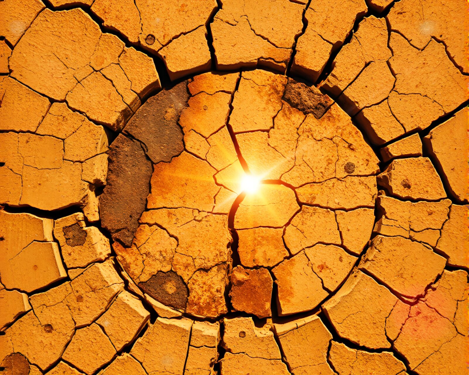 Colorful abstract painting with lens flare on cracked earth