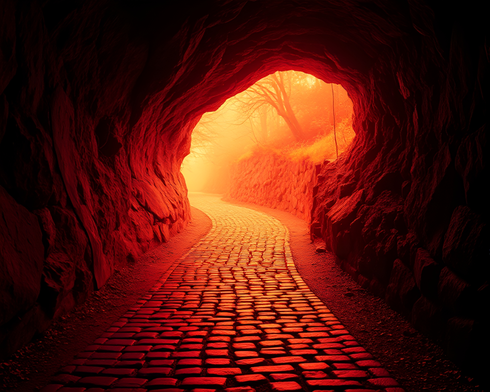 Subterranean Bunker Illuminated by Infrared Cobblestone Path – free AI stock image