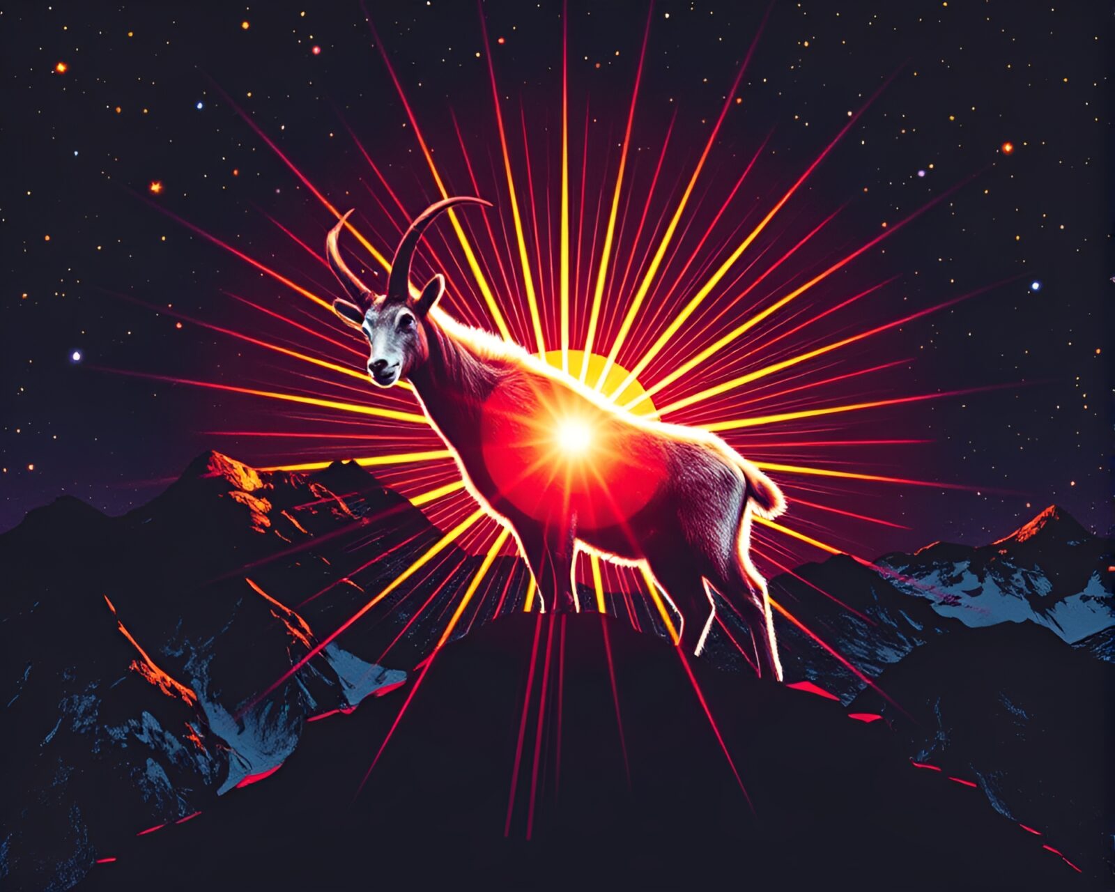 Medium shot of a mountain goat in vibrant hues