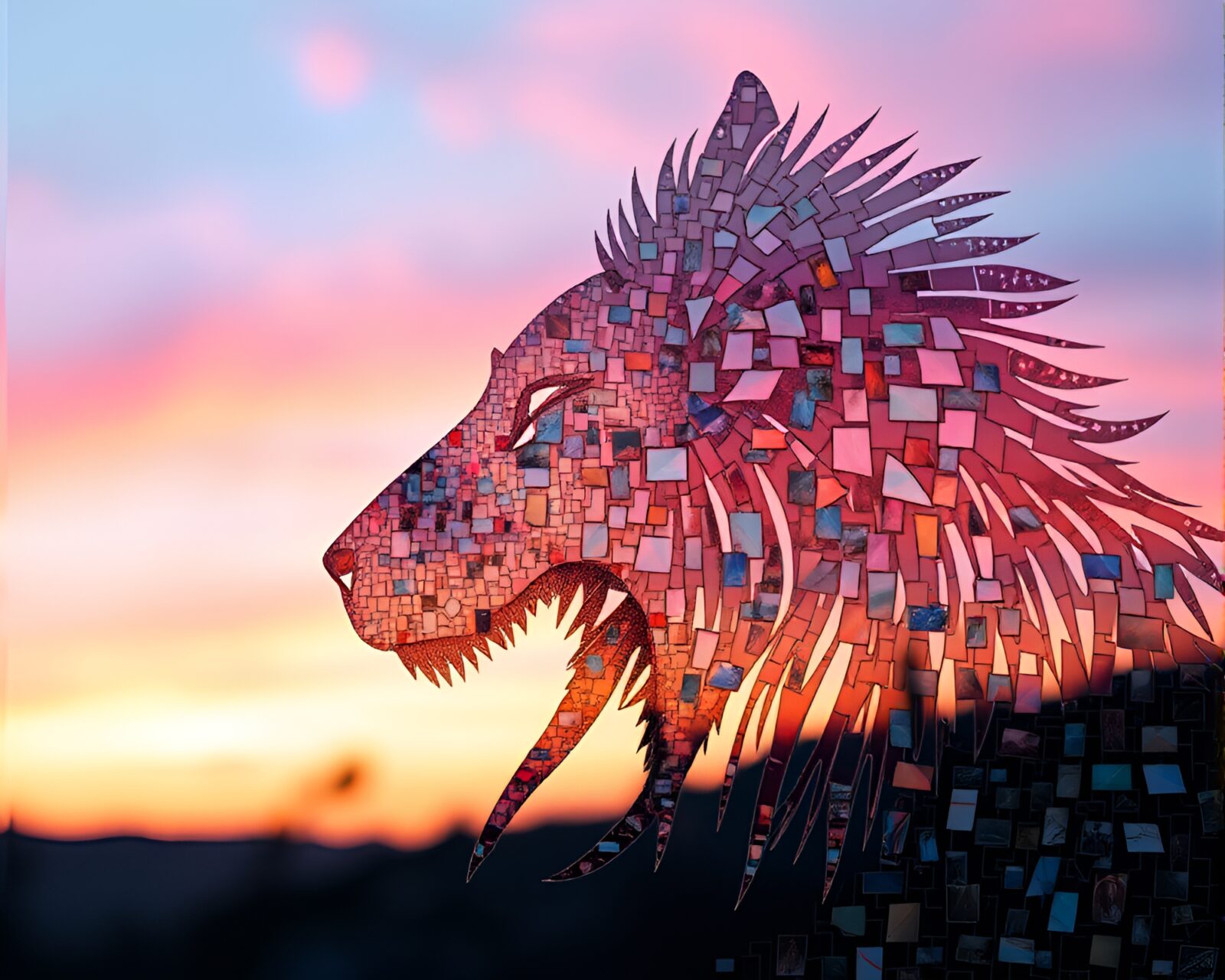 Majestic Cerberus statue in slow shutter sunrise mosaic
