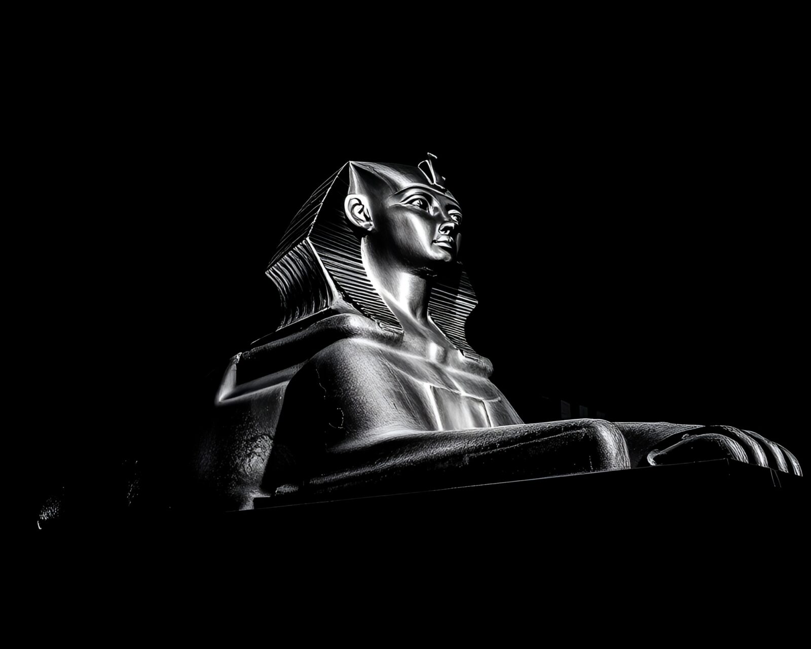 Statue of sphinx in noir blueprint style with dynamic angle