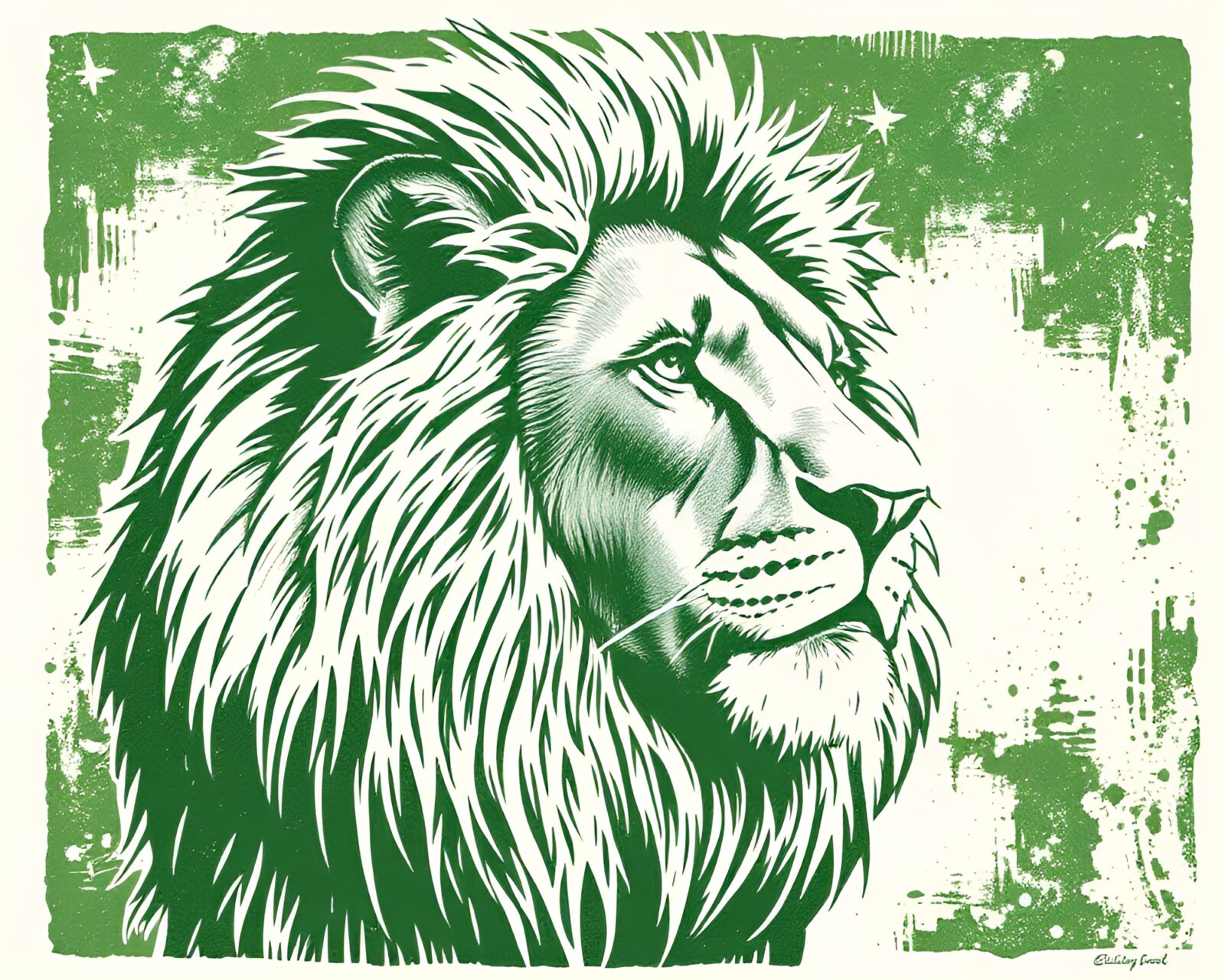 Technical illustration of lion in linocut style with green hues