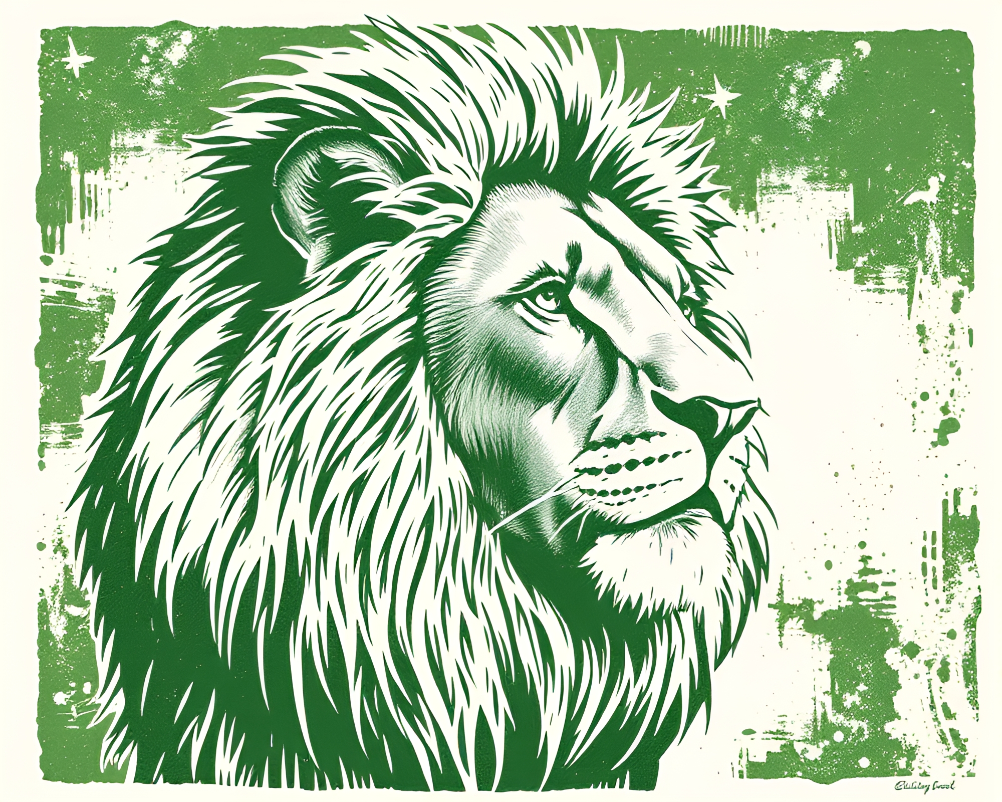 Lion Linocut Texture Art in Monochrome Green – free AI stock image