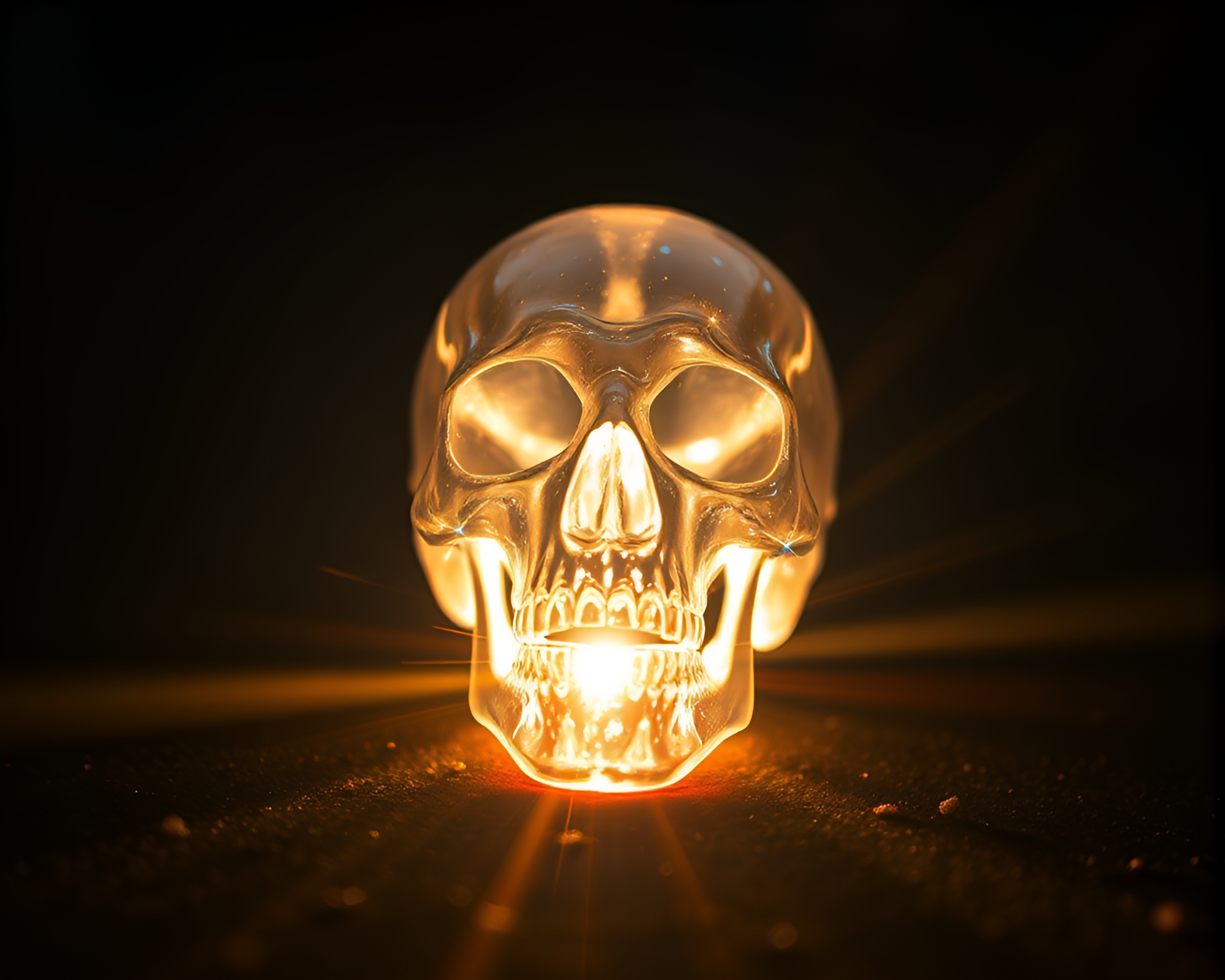 Enigmatic Crystal Skull Illuminated by Firefly Light Leaks – free AI stock image