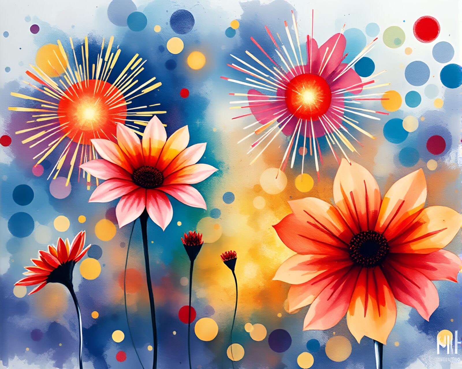 Expressive watercolor painting of luminous contact lens at festival fireworks